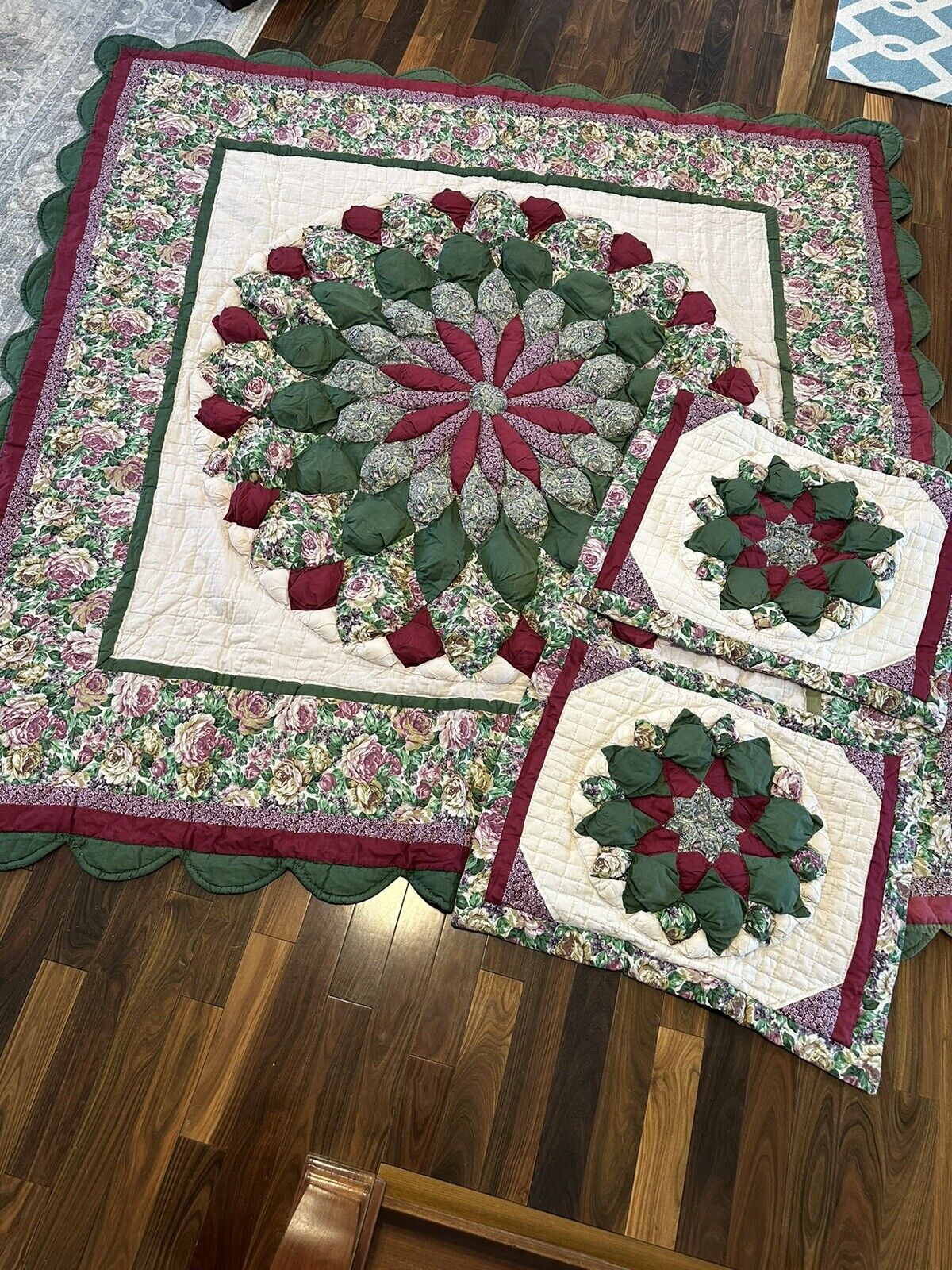 Sunham Vintage Quilt Hand stitched cotton embroidered flower 82”x82” 90s Floral