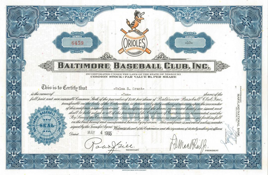 Orioles Baltimore Baseball Club, Inc. - 1959-1968 dated Sports Stock Certificate