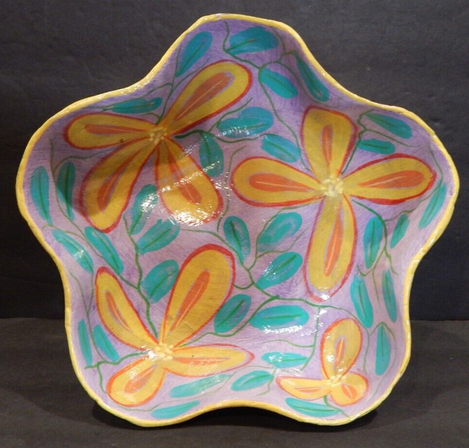 Blaise Emilien Colorful Floral Paper Mache Bowl Handmade - SIGNED Haiti Folk Art