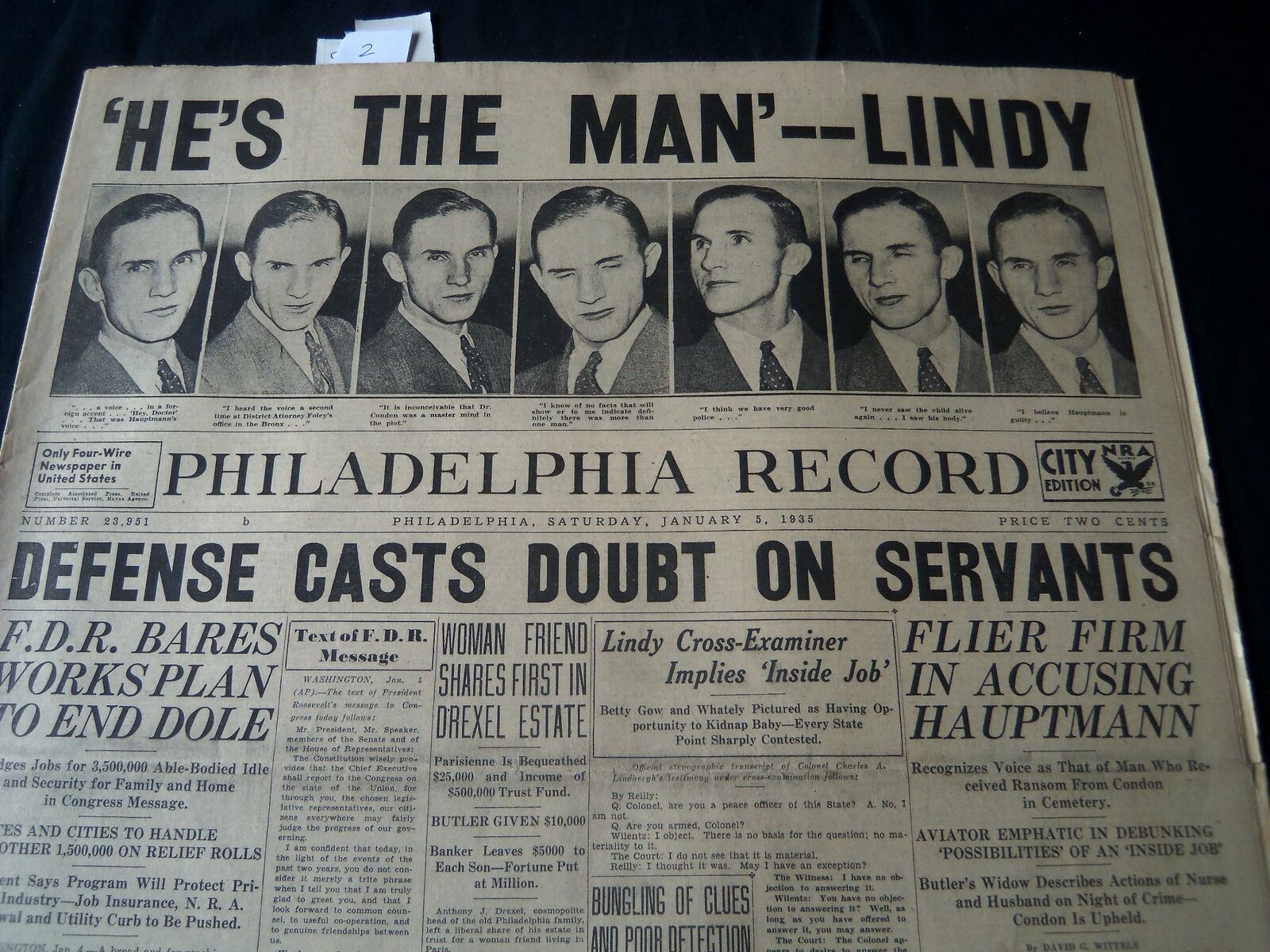 1935 JANUARY 5 PHILADELPHIA RECORD NEWSPAPER - HE\'S THE MAN LINDY - NT 7252