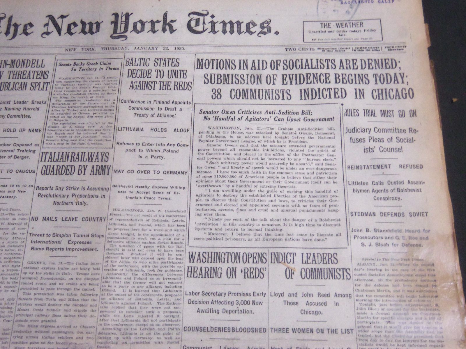 1920 JANUARY 22 NEW YORK TIMES - 38 COMMUNISTS INDICTED IN CHICAGO - NT 6746