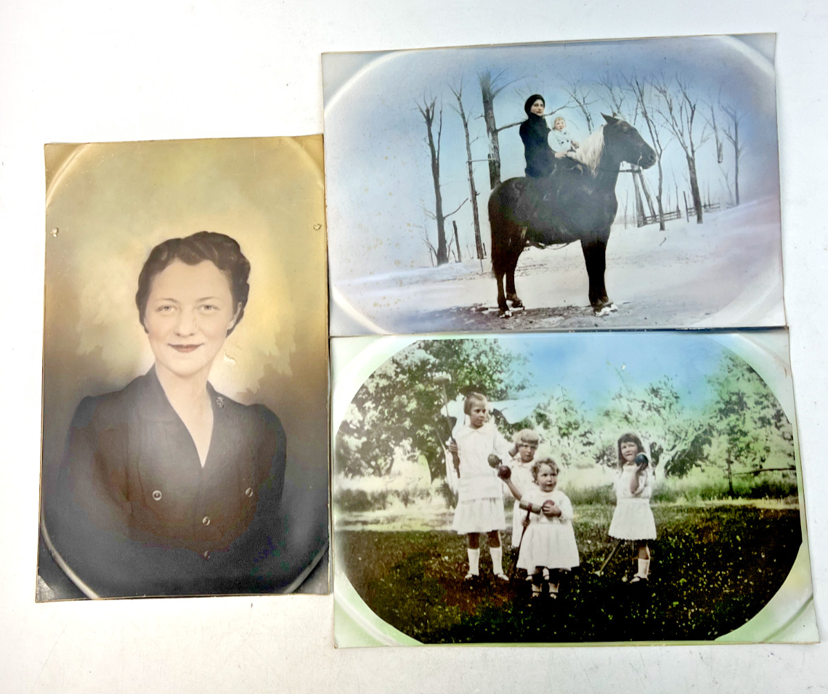 Antique Photos of a Woman, a Woman & Child on a Horse, & Children Playing a Game