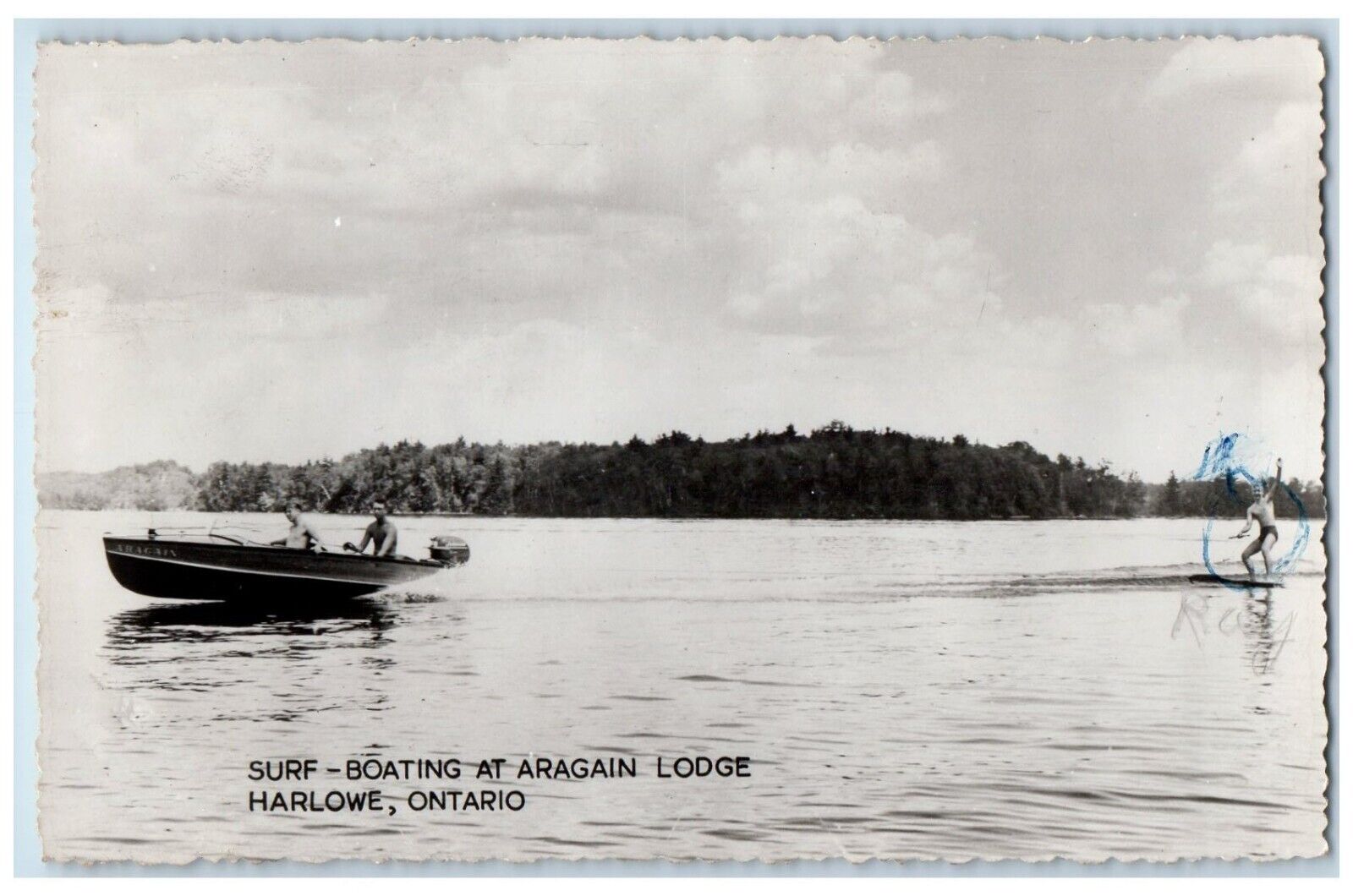 c1950's Surf Boating Aragain Lodge Harlowe Ontario Canada RPPC Photo Postcard