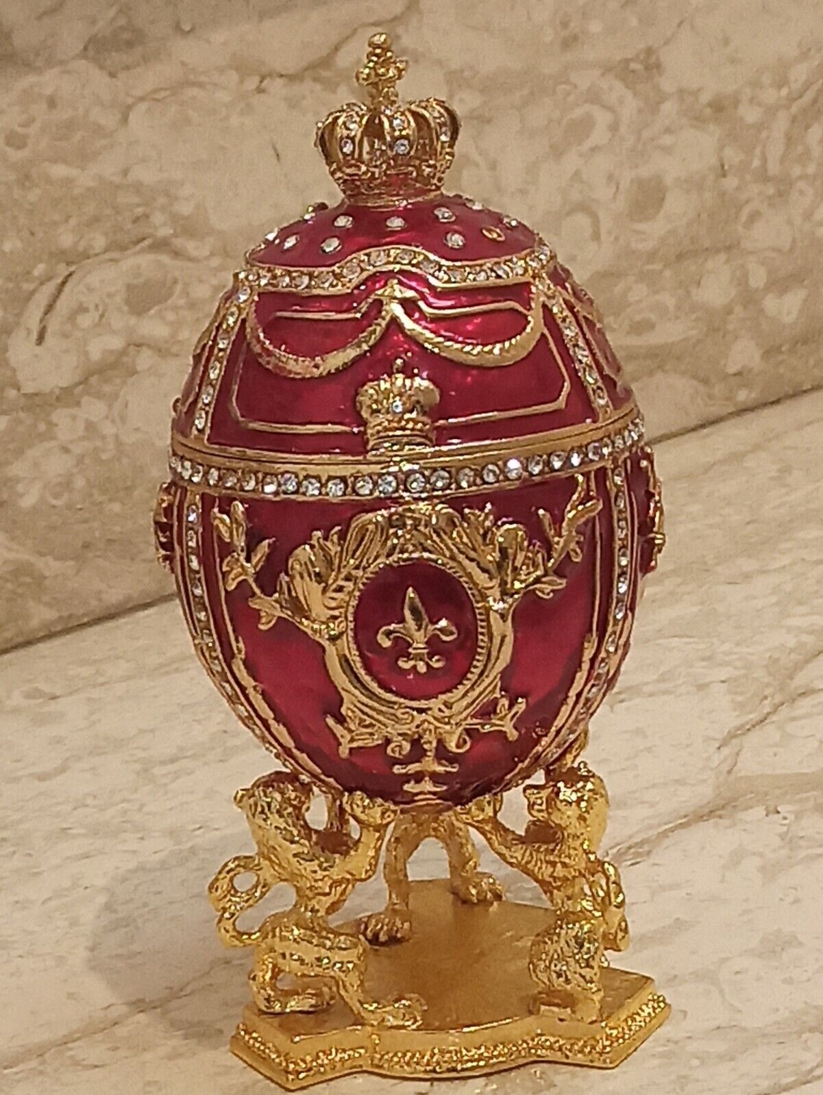 Diamond Faberge Egg 24k Gold Lion Fabrege Trinket 4ct Swarovski  200 Hmd Fabergé