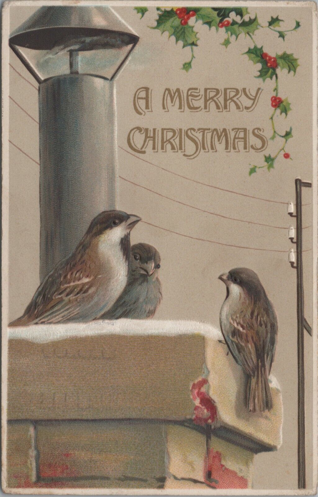 c1910 Christmas birds on chimney holly SF Expo postmark embossed postcard A510