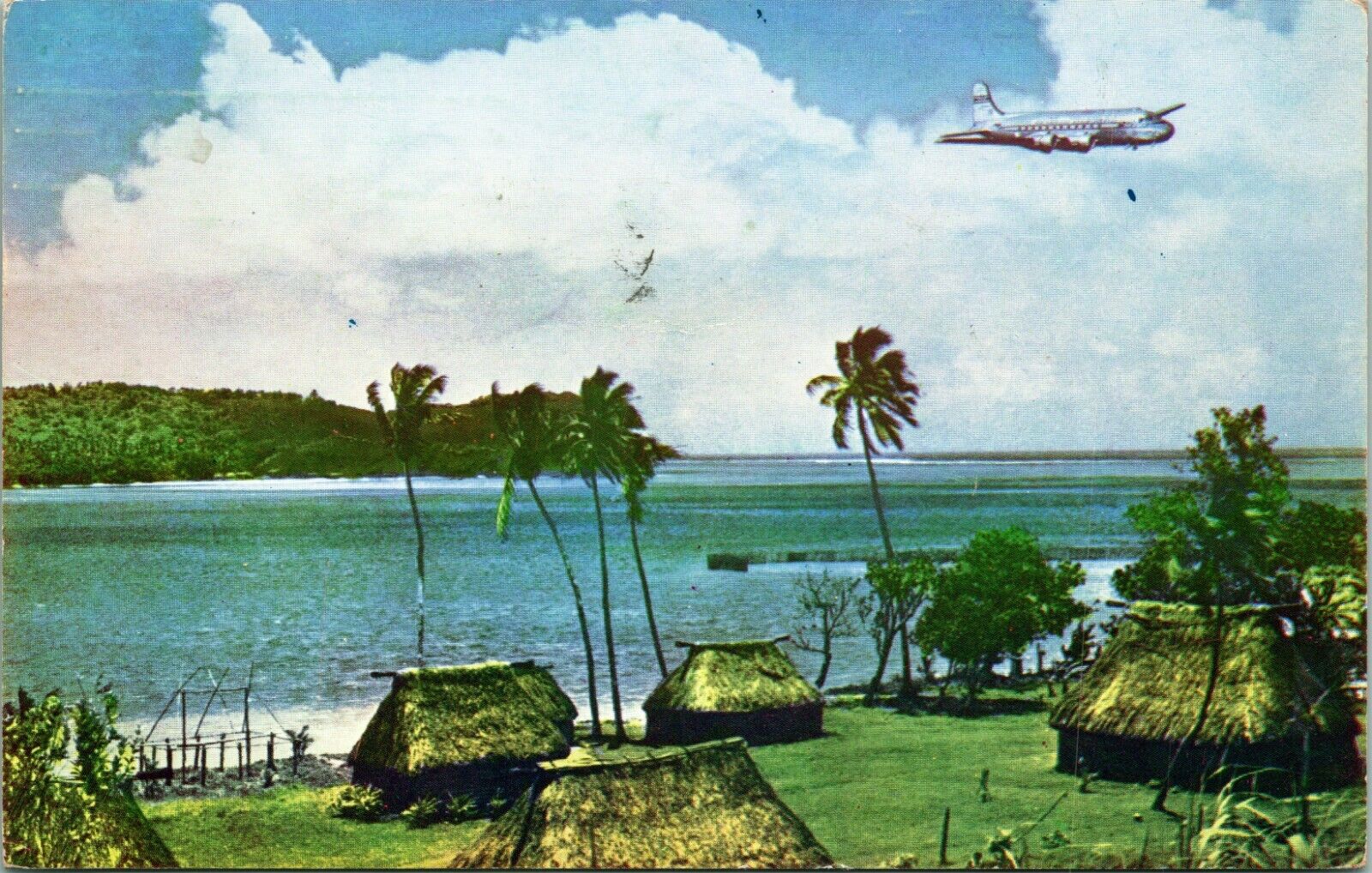 Vtg Chrome Postcard 1949 Typical Fijiian Village - Fiji Pan American Airlines 