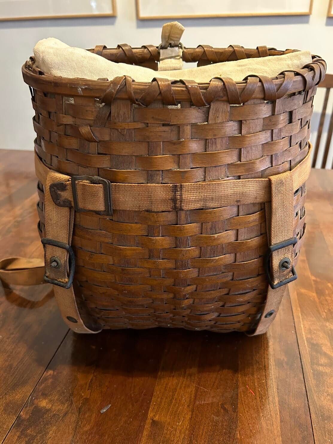 Antique Adirondack Wicker Backpack Basket, with Rare Canvas Liner and Top Flap