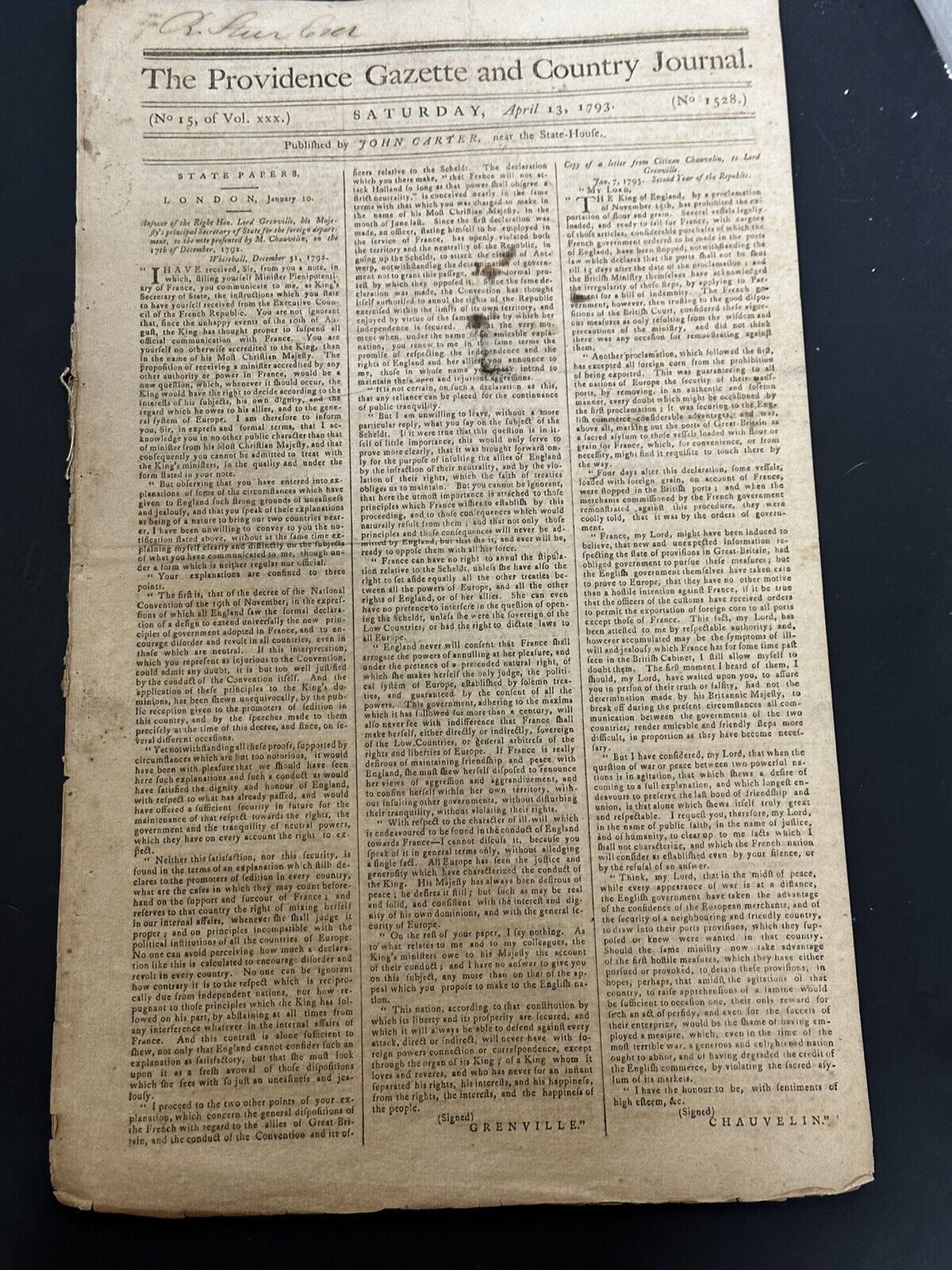 Saturday April 13 1793 The Providence Gazette & Country Journal Newspaper 230yrs