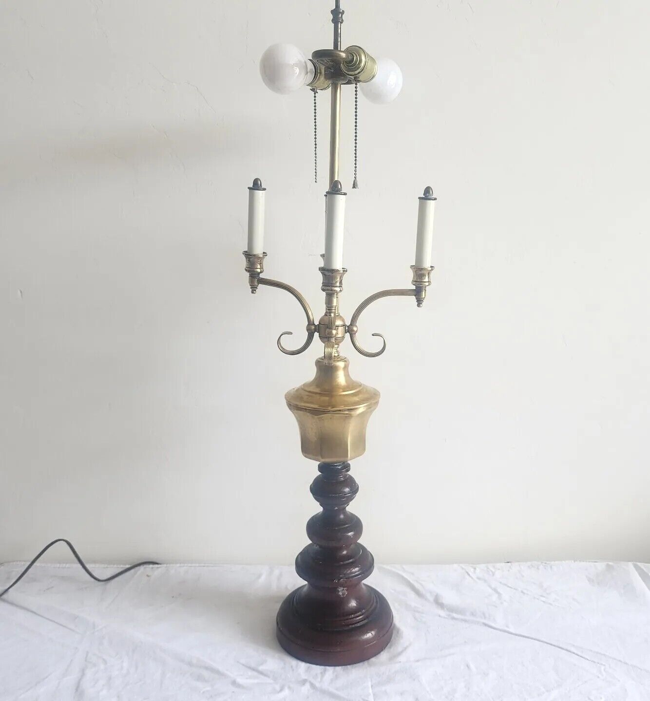 Vintage Mid-Century Ethan Allen Knob Creek Candelabra Lamp Brass & Mahogany 34