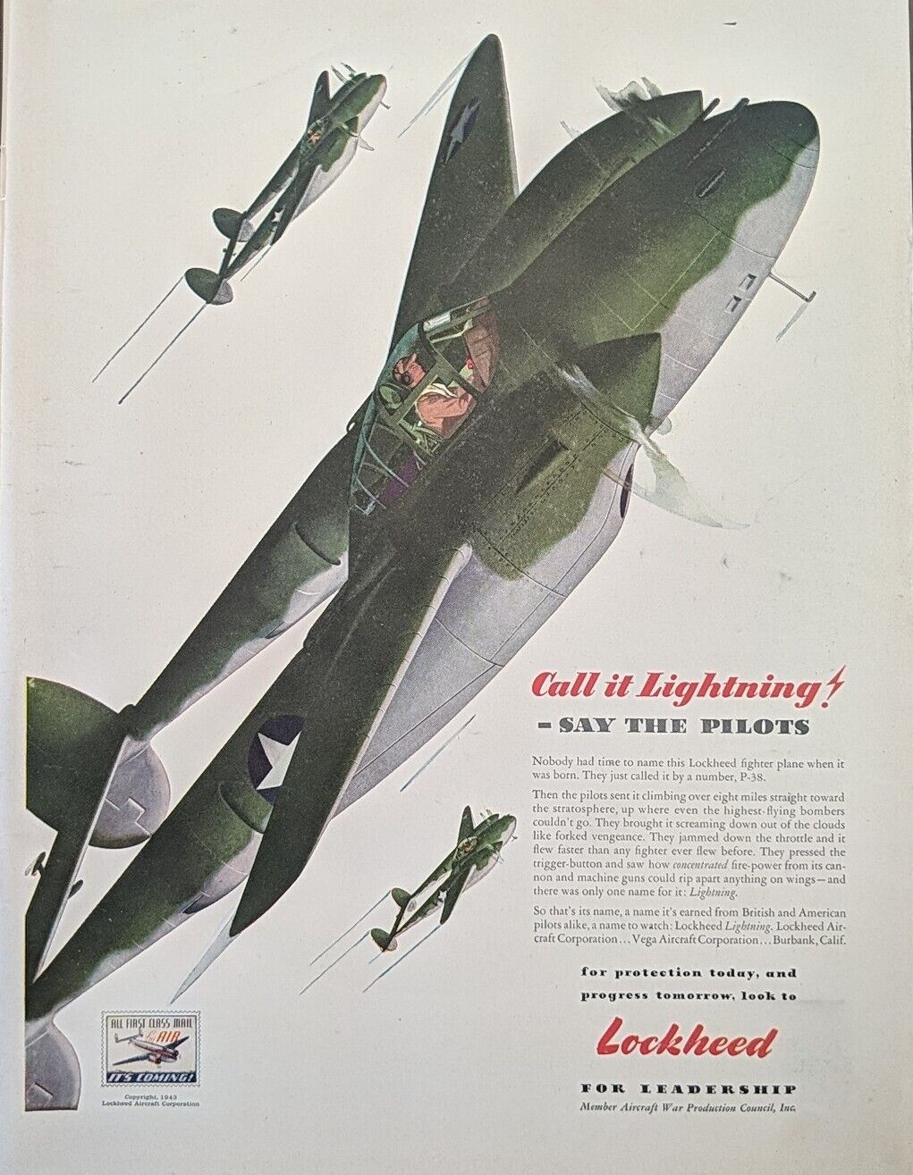 1943 WW2 P-38 Fighter Jet Lockheed Victory Through Airpower Print Ad 
