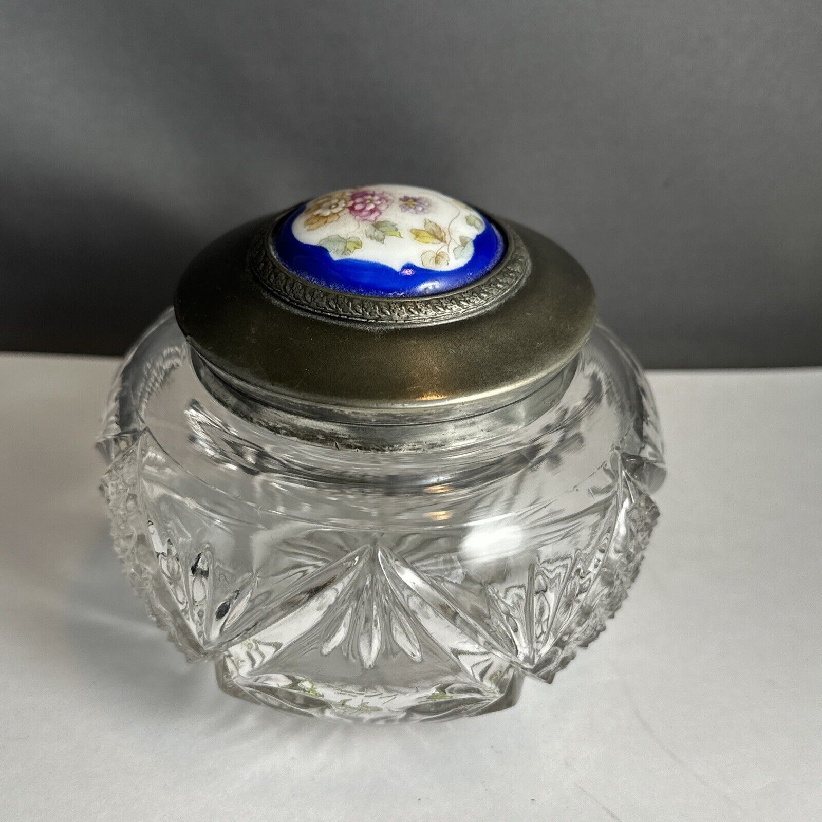 Beautiful Vintage Glass Vanity Jar Silver Toned Lid Porcelain Hand Painted Top