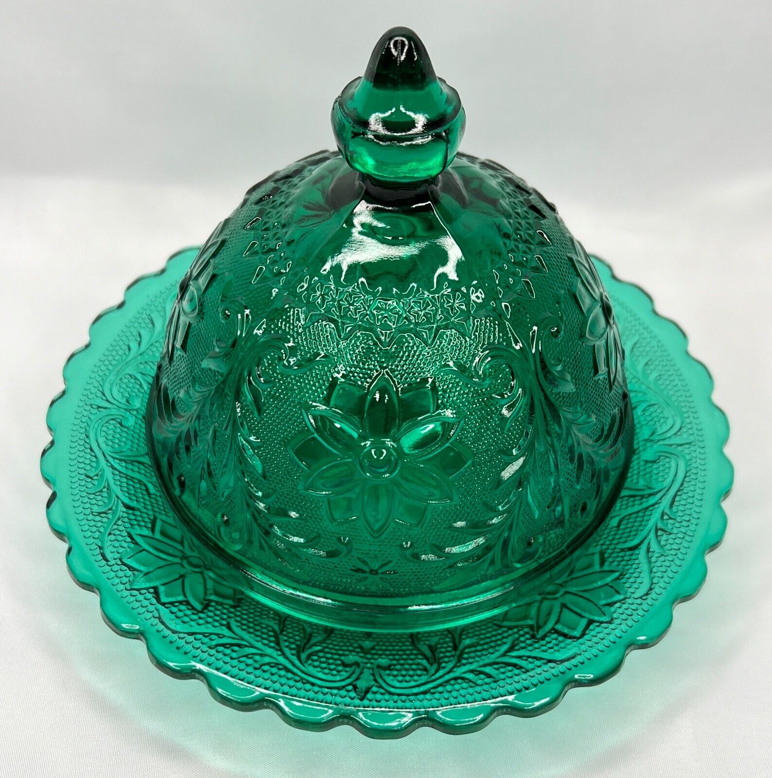 Vintage Indiana Glass Tiara Covered Butter Dish w/Dome Lid, Spruce Green Round