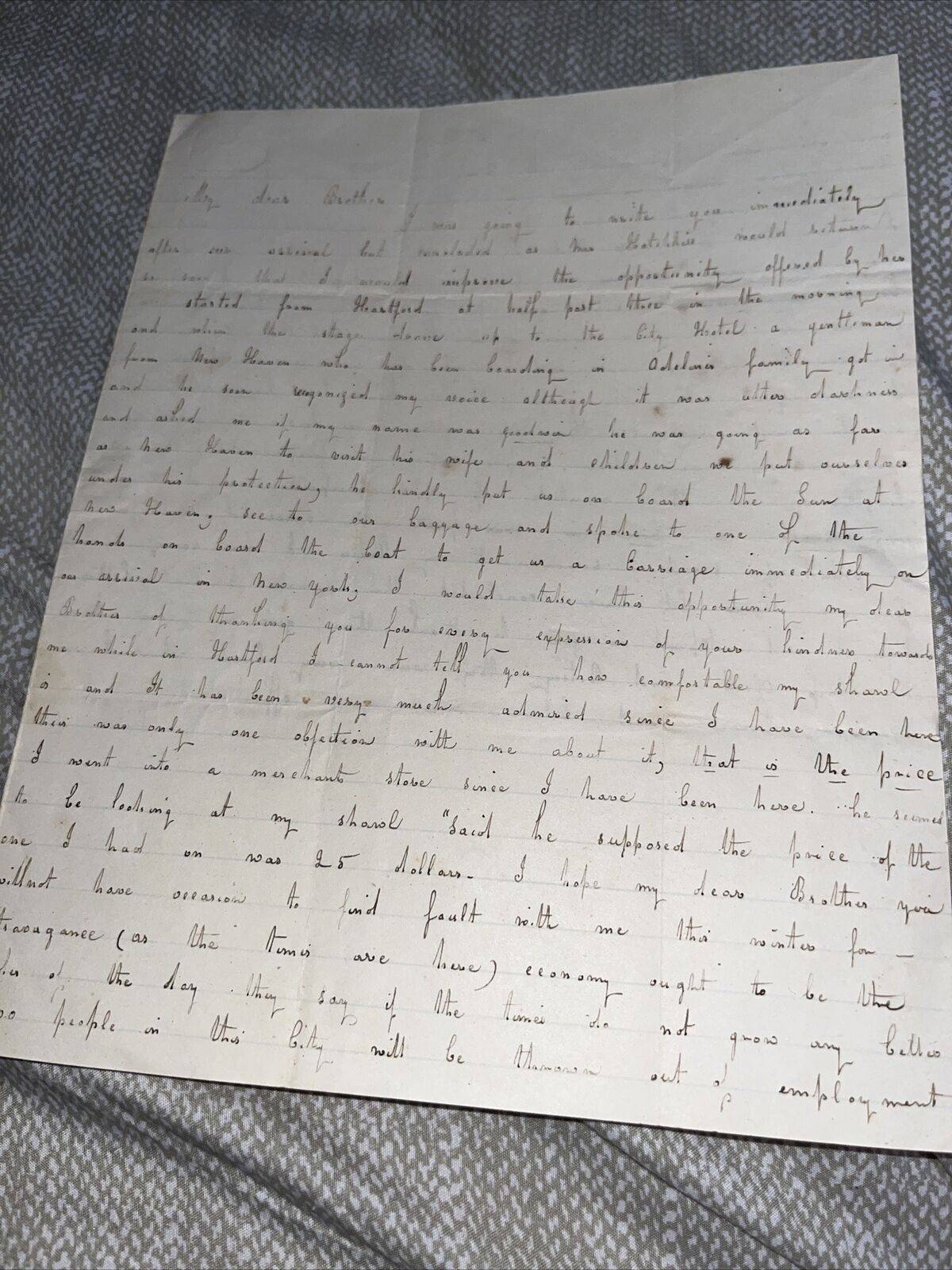 1800s Letter to Hartford CT Treasurer Family at Bank: City Hotel Charles Lamb