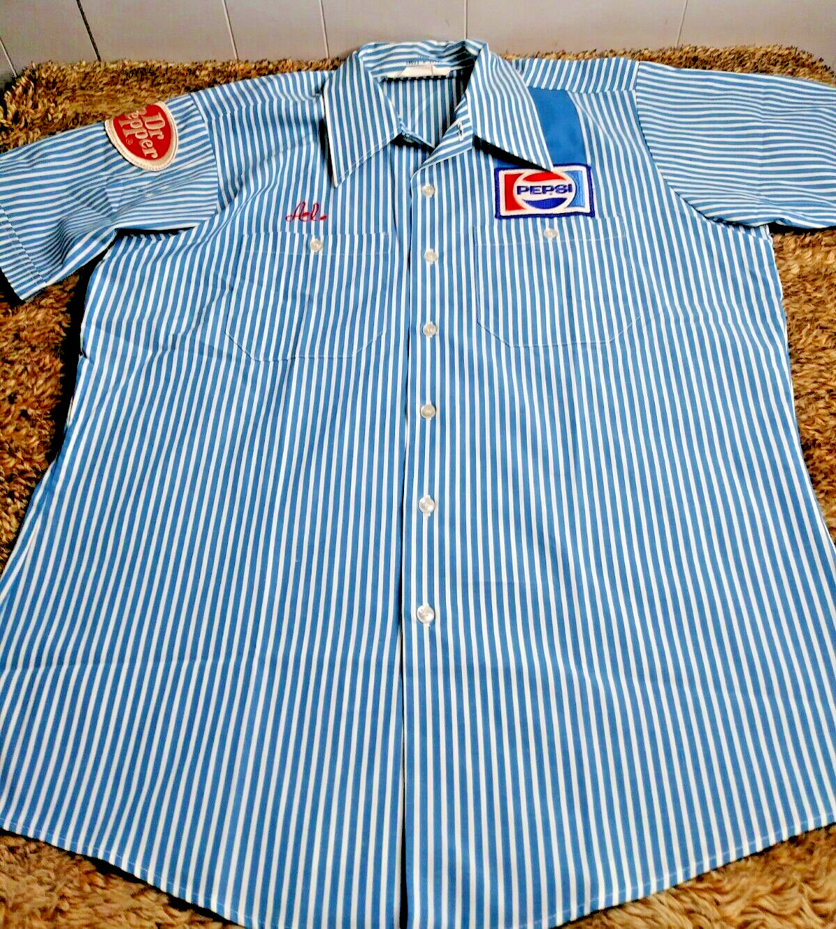 Vintage Old Pepsi & Dr. Pepper Patch Striped Work Shirt Mens L - UNION MADE USA