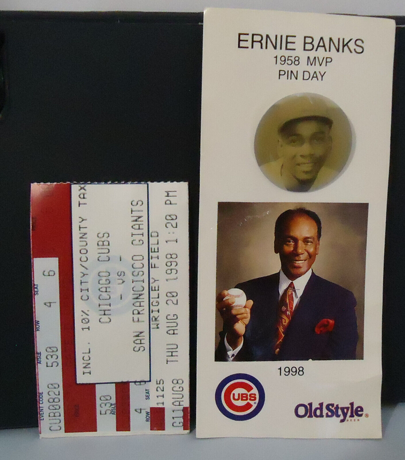 Ernie Banks HOF 1958 MVP Pin Day w/Ticket Stub 1998 *Rare*