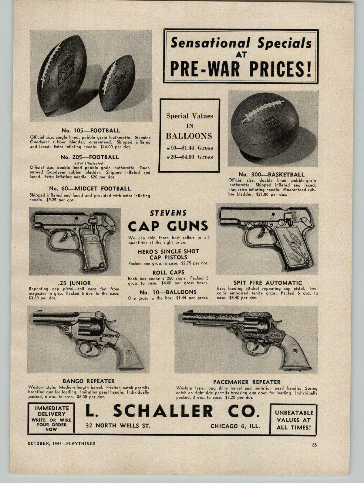 1947 PAPER AD Stevens Toy Cap Gun Guns Bang-O Pacemaker Spit Fire .25 JR Hero\'s