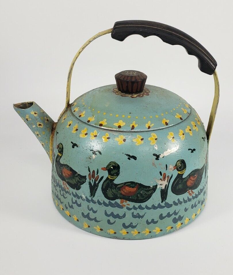 VTG Hand Painted Wear-Ever 3054 Teapot Kettle Aluminum Ducks Country Teal A3