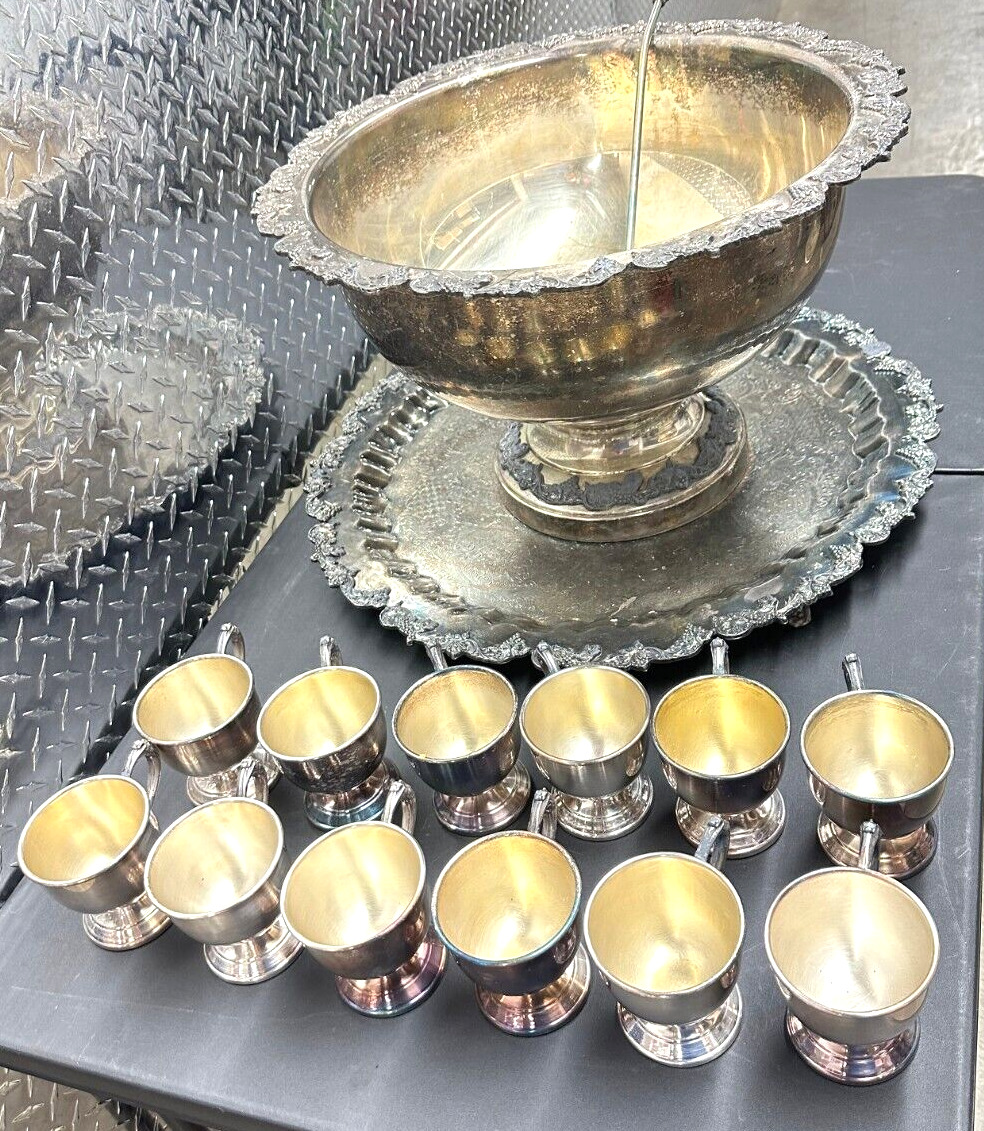 Vintage Silver Tone Pedestal Punch Bowl with 12 Sheridan Silver-on-Cooper Cups.