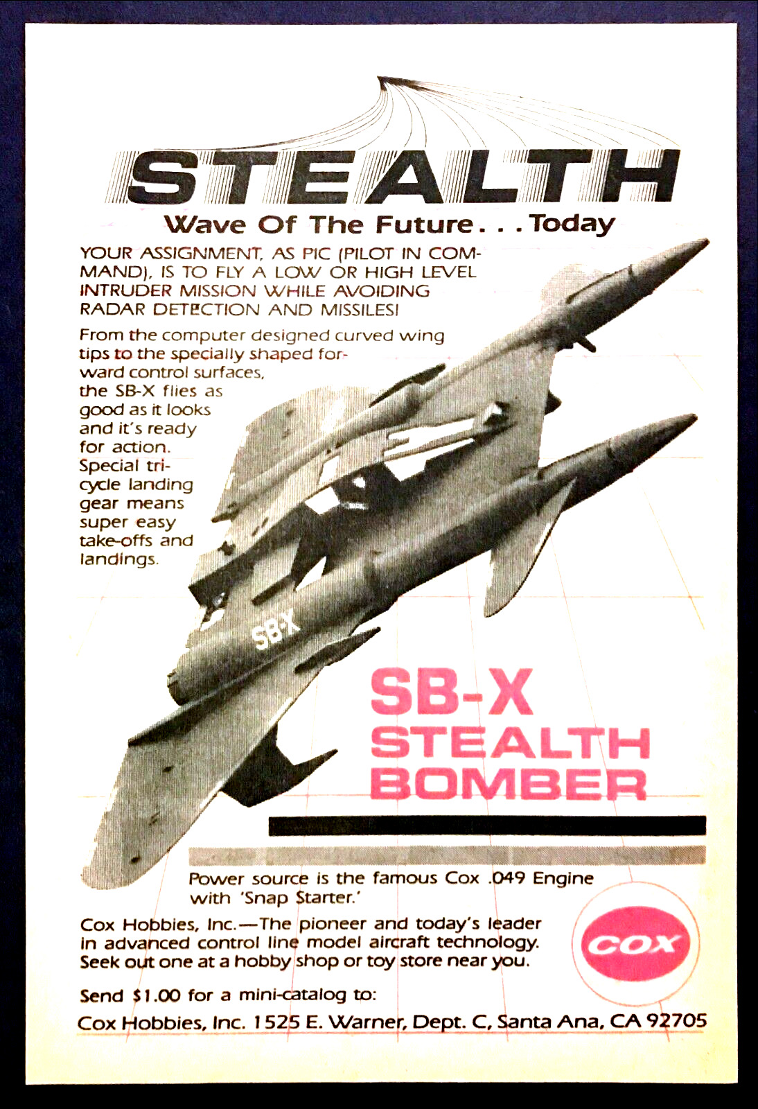 1987 Cox SB-X Stealth Bomber Gas-Powered Jet Plane photo vintage print ad