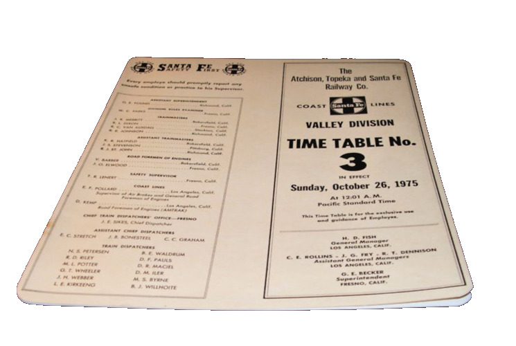 OCTOBER 1975 ATSF SANTA FE VALLEY DIVISION EMPLOYEE TIMETABLE #3