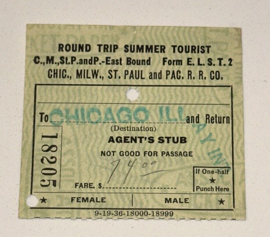 5/3/39 Chicago Illinois and Return CMStP&PRR Train Round Trip Summer Ticket Stub