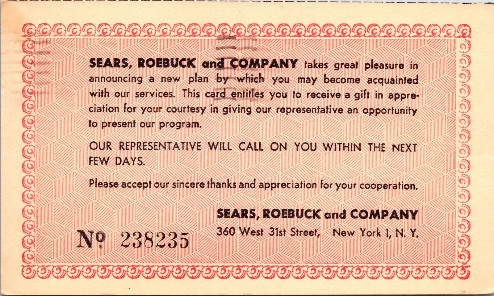 VINTAGE POSTAL CARD 1956 SEARS ROEBUCK AND COMPANY COUPON NUMBERED NEW YORK NY