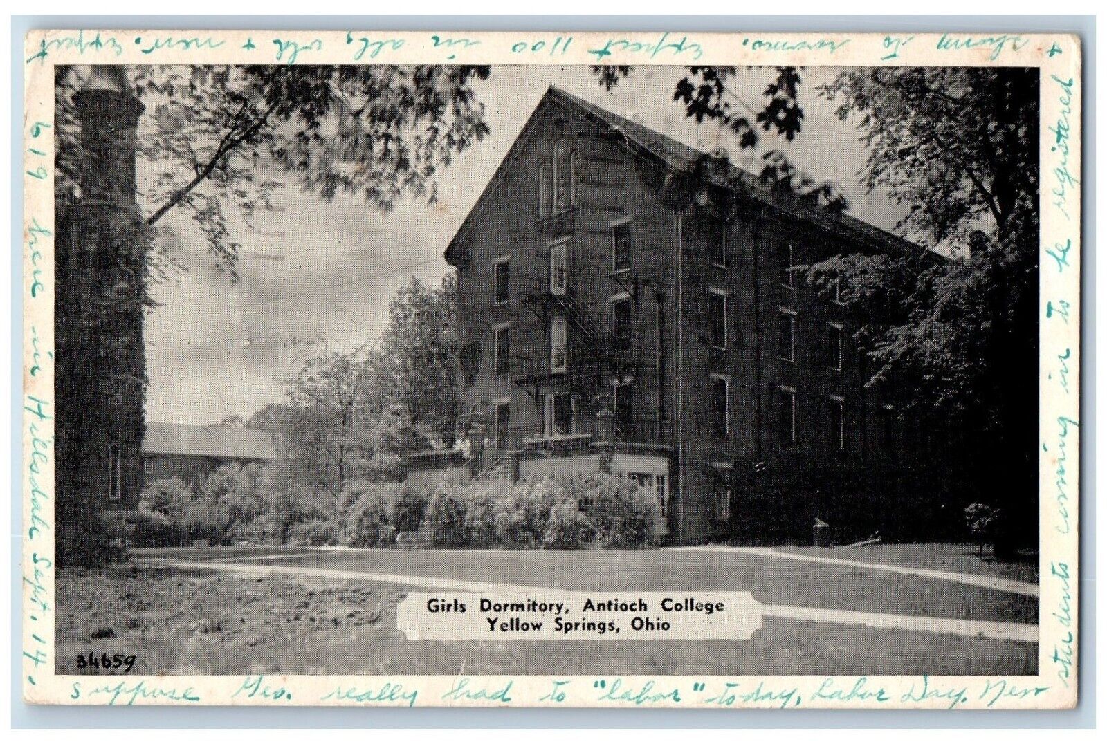 Yellow Springs Ohio Postcard Girls Dormitory Antioch College 1947 Vintage Posted