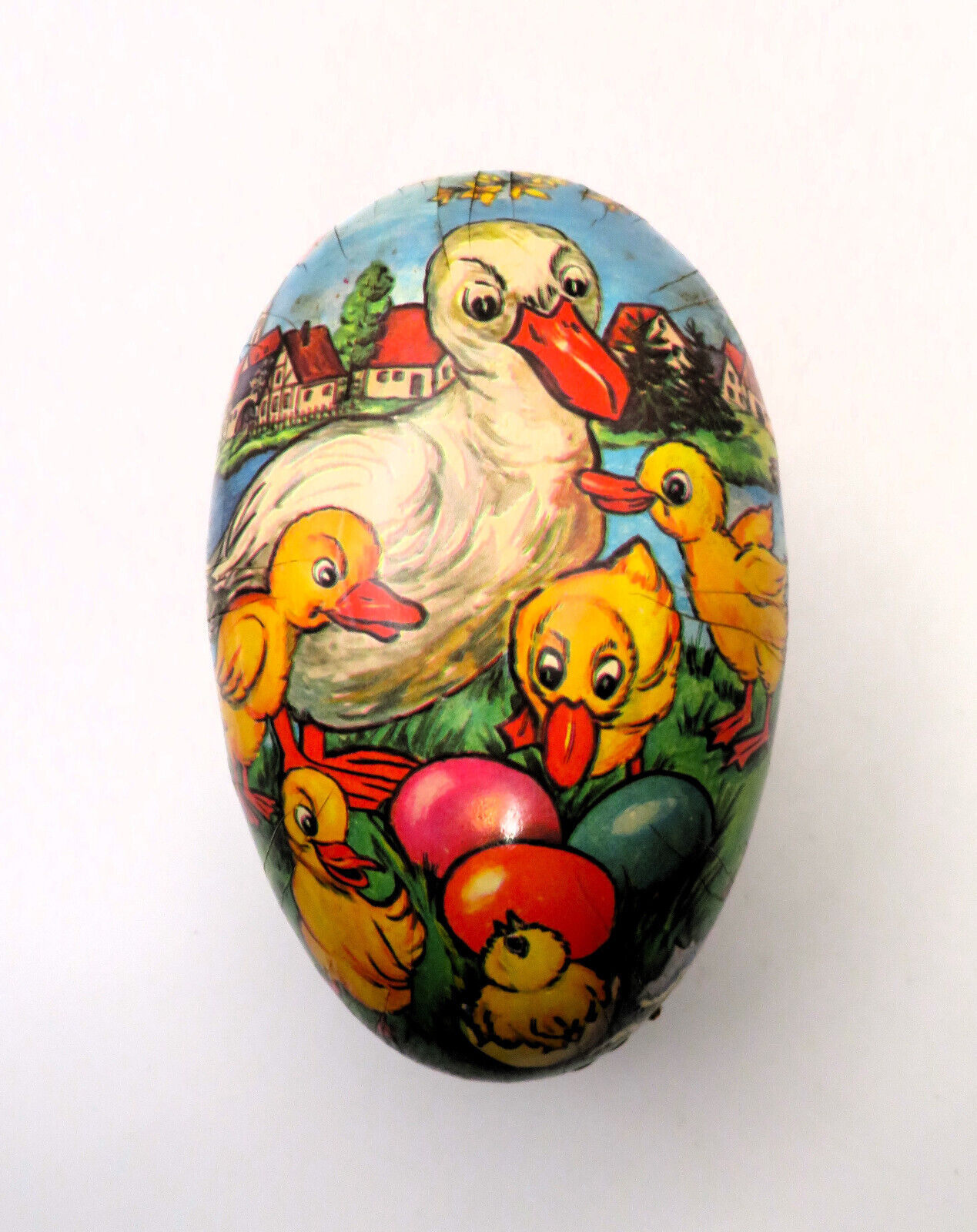 Vintage German Easter Egg Candy Container Ducks Chick Paper Mache GREAT GRAPHIC