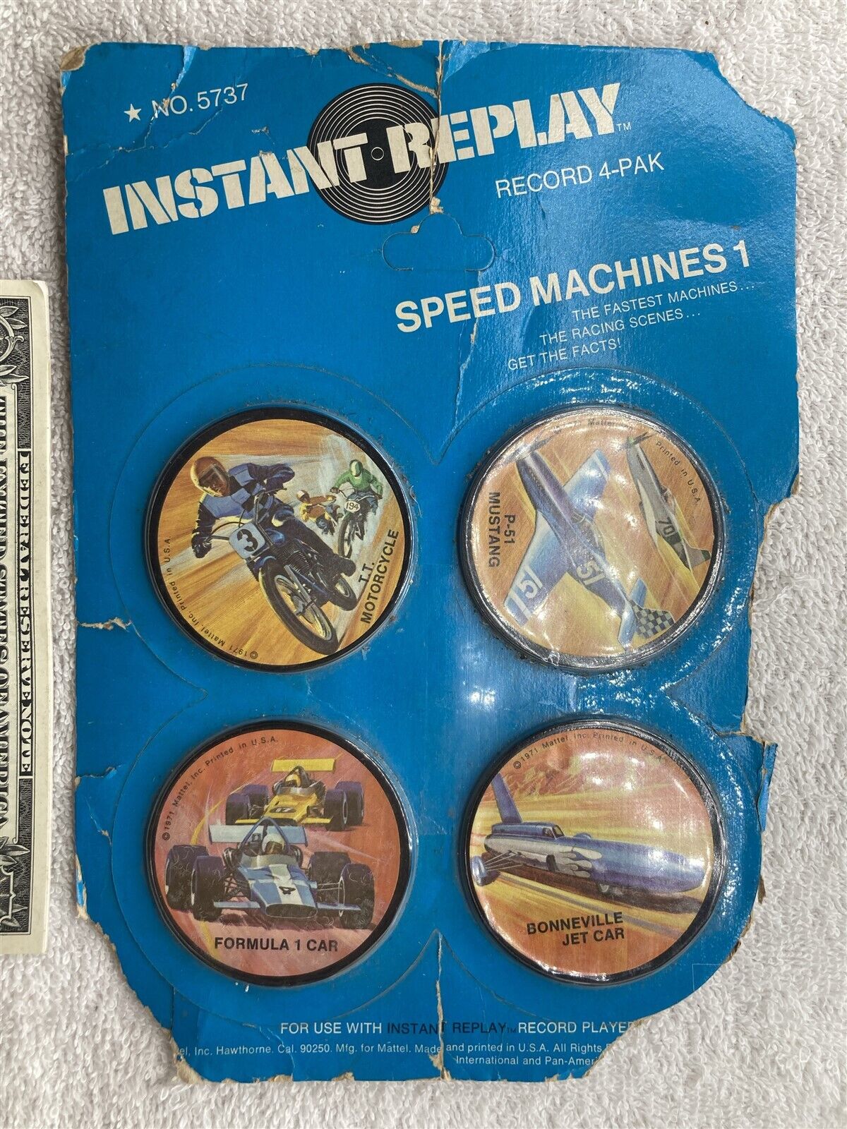 1971 Sealed Mattel Instant Replay Speed Machines 1 5737 Motorcycle P-51 Jet Car