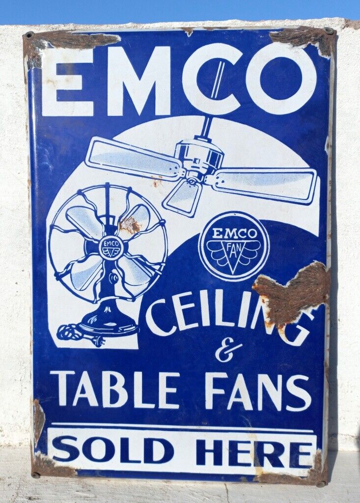 Vintage Emco Ceiling Table Fans Porcelain Enamel Sign Old Rare Collectible Board