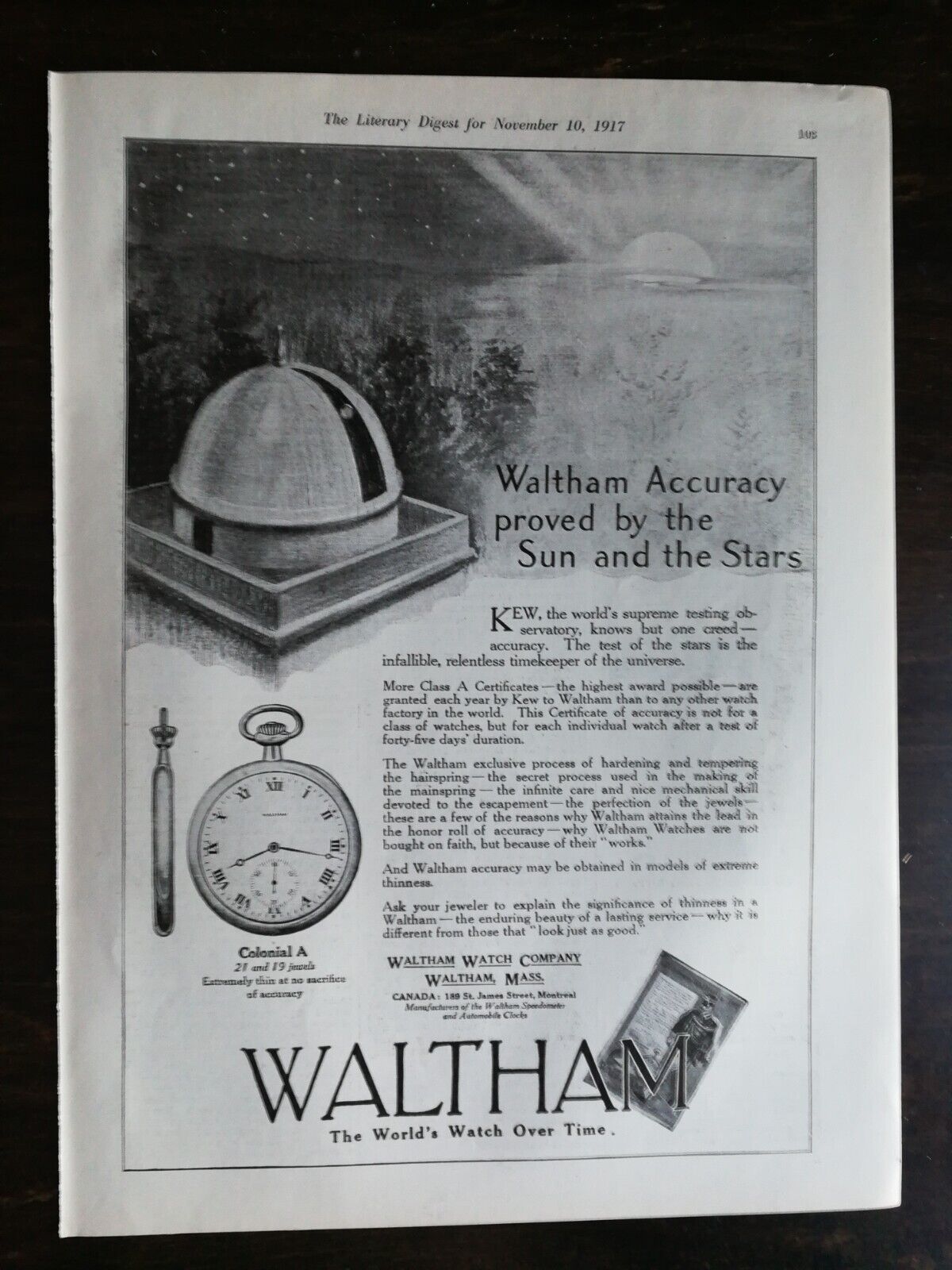 Vintage 1917 Waltham Colonial A Pocket Watch Full Page Original Ad 222