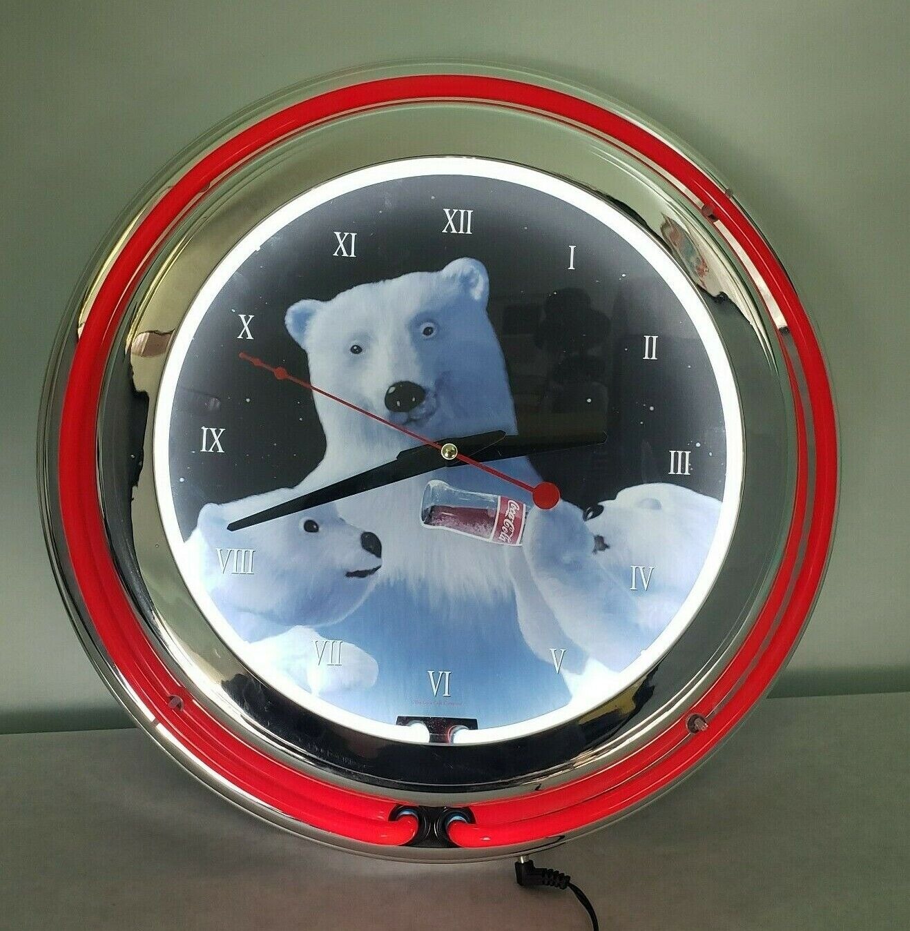 Coca-Cola Red Neon Polar Bear w/Cubs Chrome Quartz Wall Clock