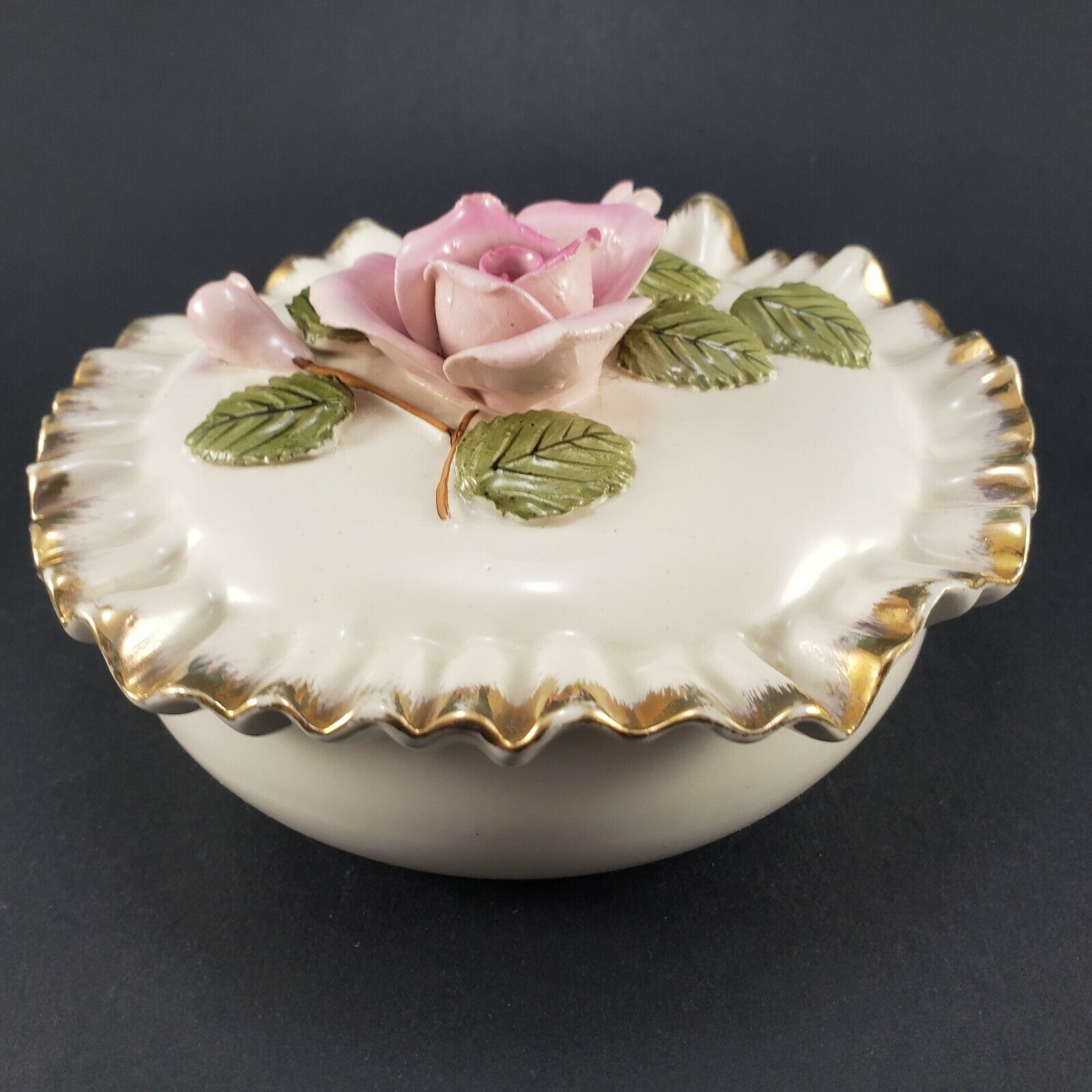 Vintage Porcelain Trinket Dresser Dish 3D Pink Rose & Leaves Scalloped Gold Gilt