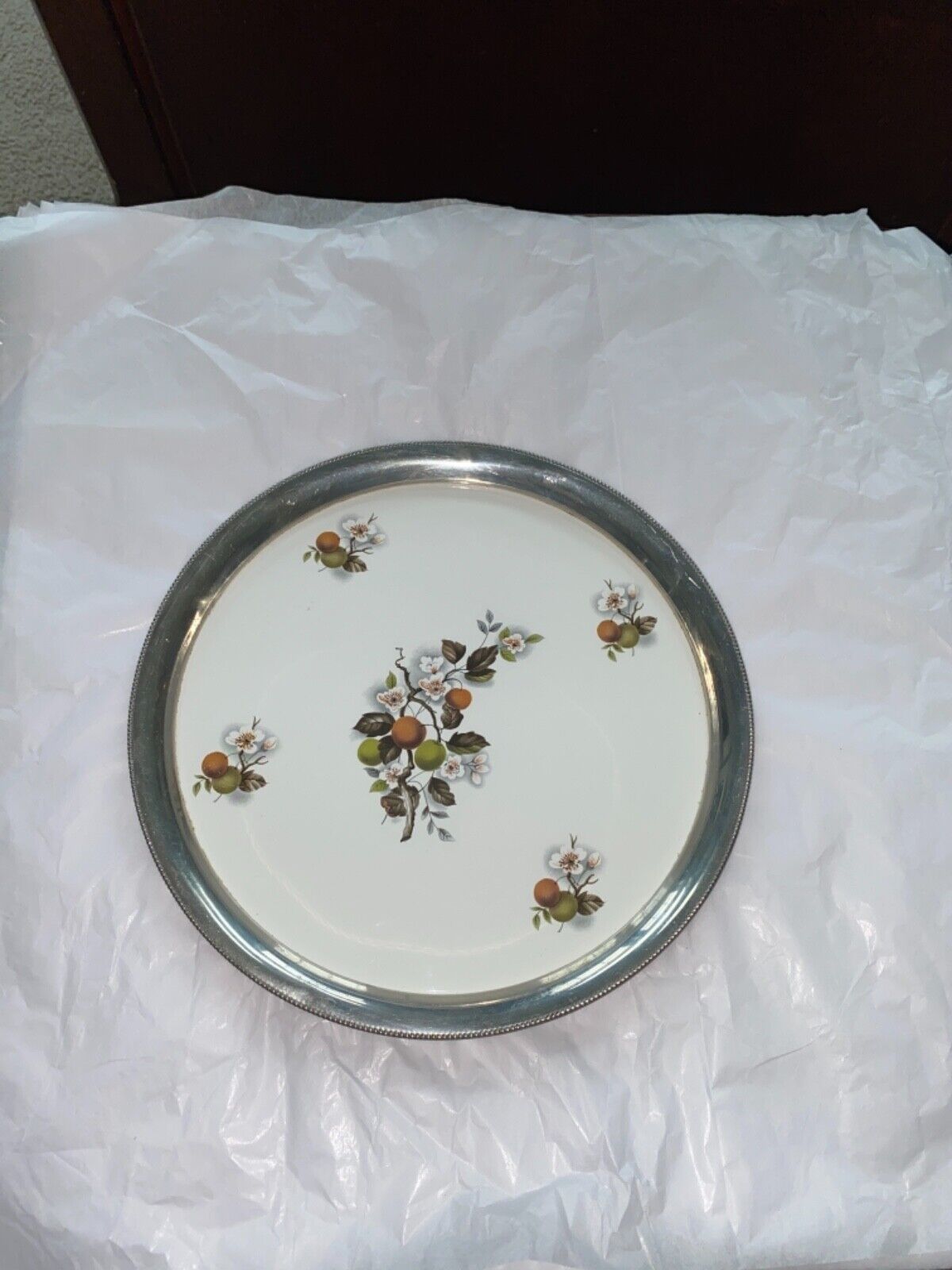 VNTAGE PEWTER AND PORCELAIN ROUND SERVING TRAY WITH FELT BOTTOM