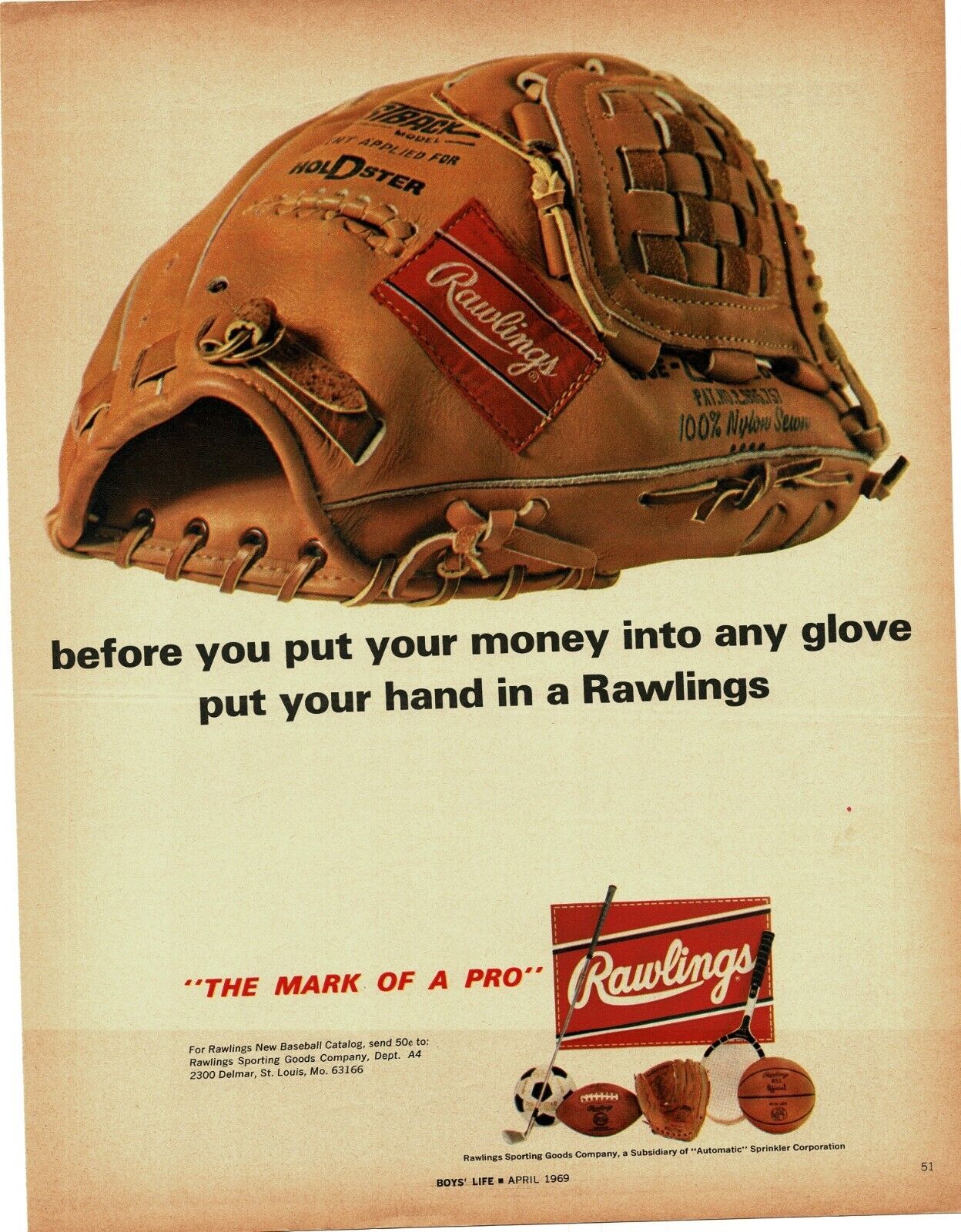 1969 RAWLINGS Fastback Baseball Glove Vintage print Ad