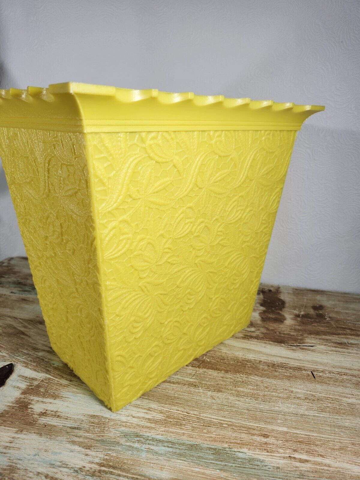 Vtg Mid Century Plastic Waste Basket Yellow Embossed Floral Ruffle Rim Max Klein