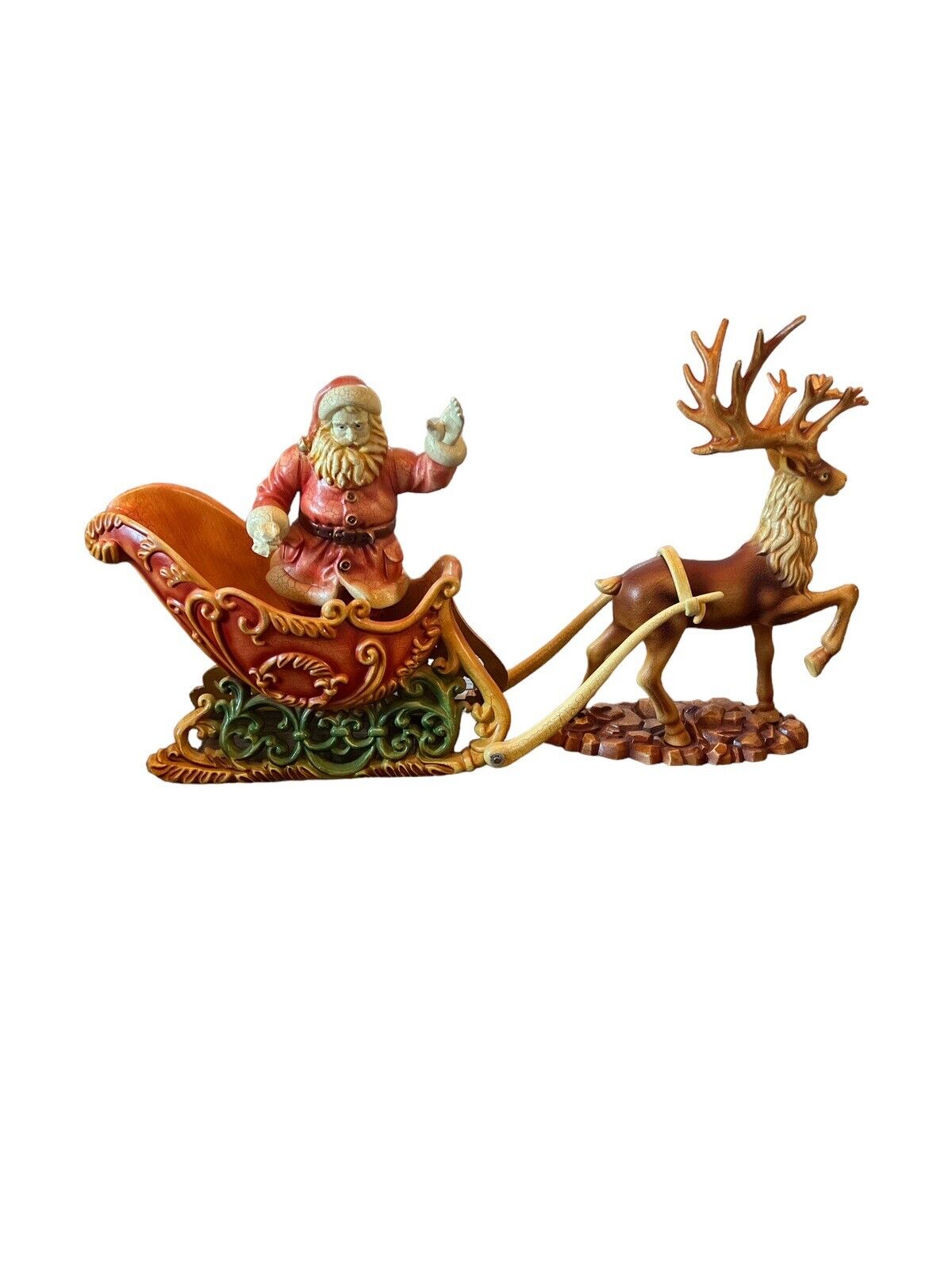 Vintage Christmas Santa's Sleigh & Reindeer Resin Centerpiece Decor 3pc set