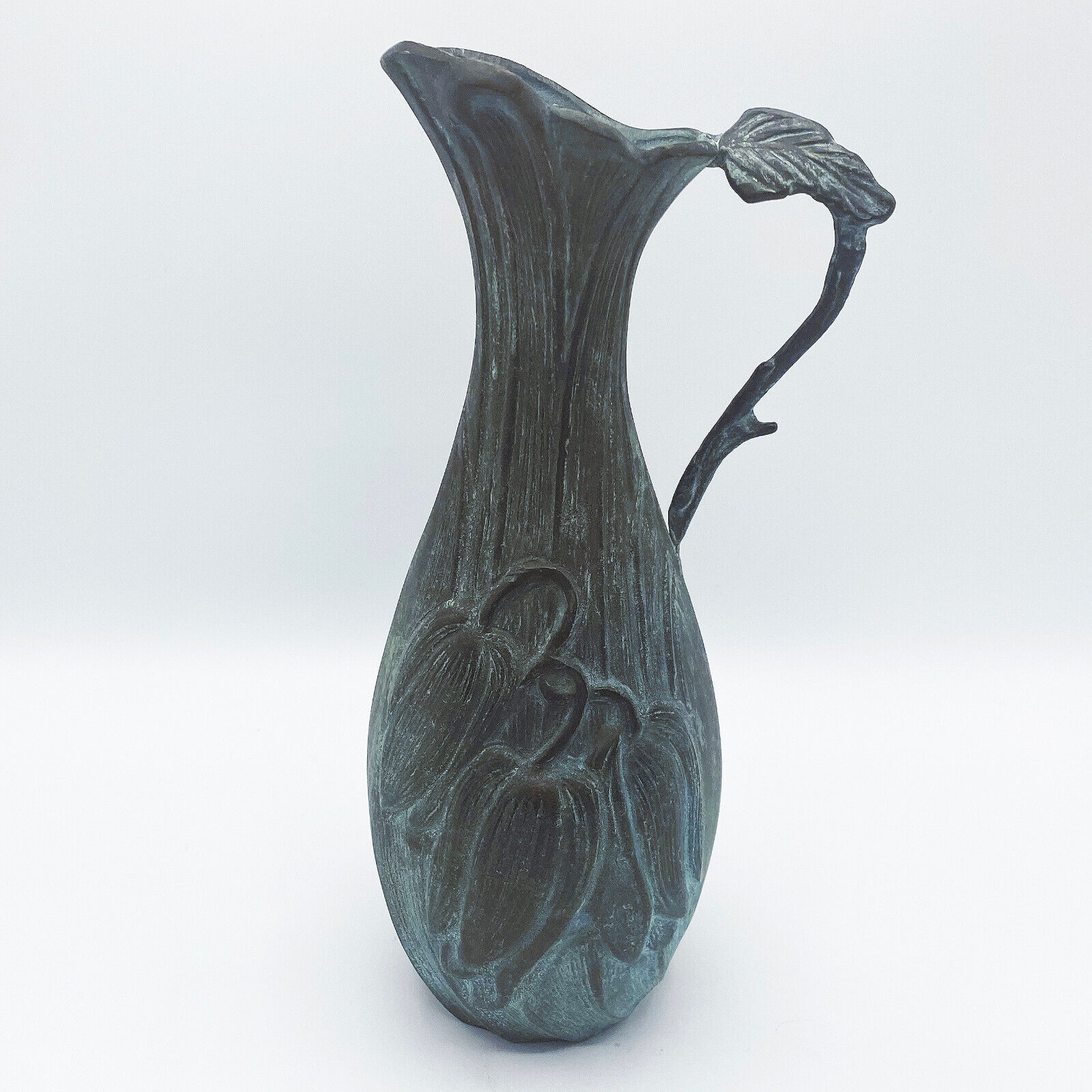 Vintage 60s Art Nouveau Revival Bronze Floral Pitcher Vase with Verdigris Patina