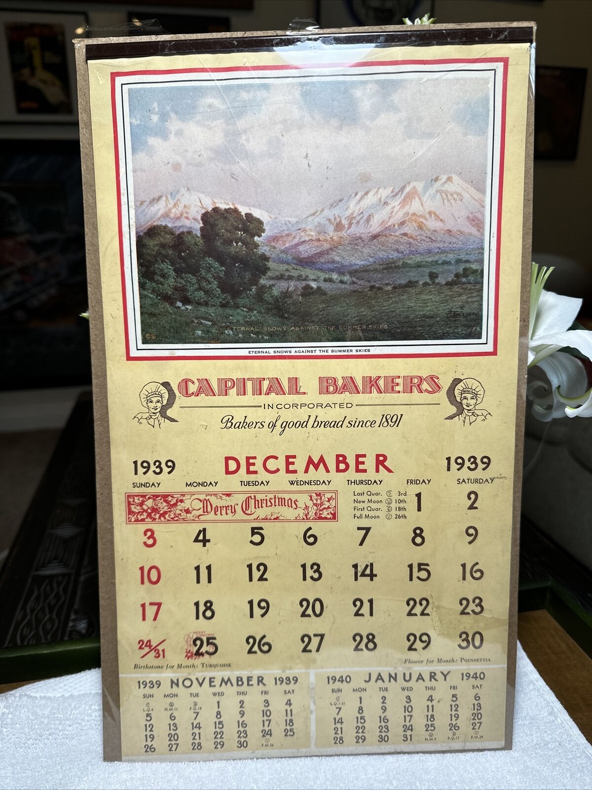 Antique 1939 Advertising Calendar Lithographic CAPITAL BAKERS Complete RARE