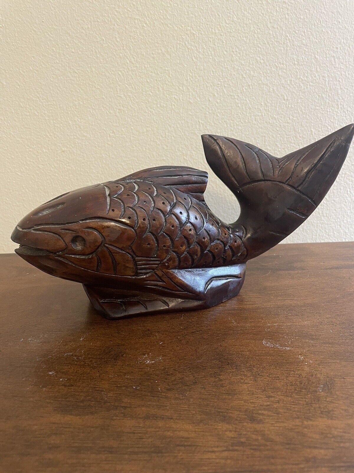 Neat Hand Carved Wooden Fish from Haiti Circa 1954  Beautiful Details Dark Brown