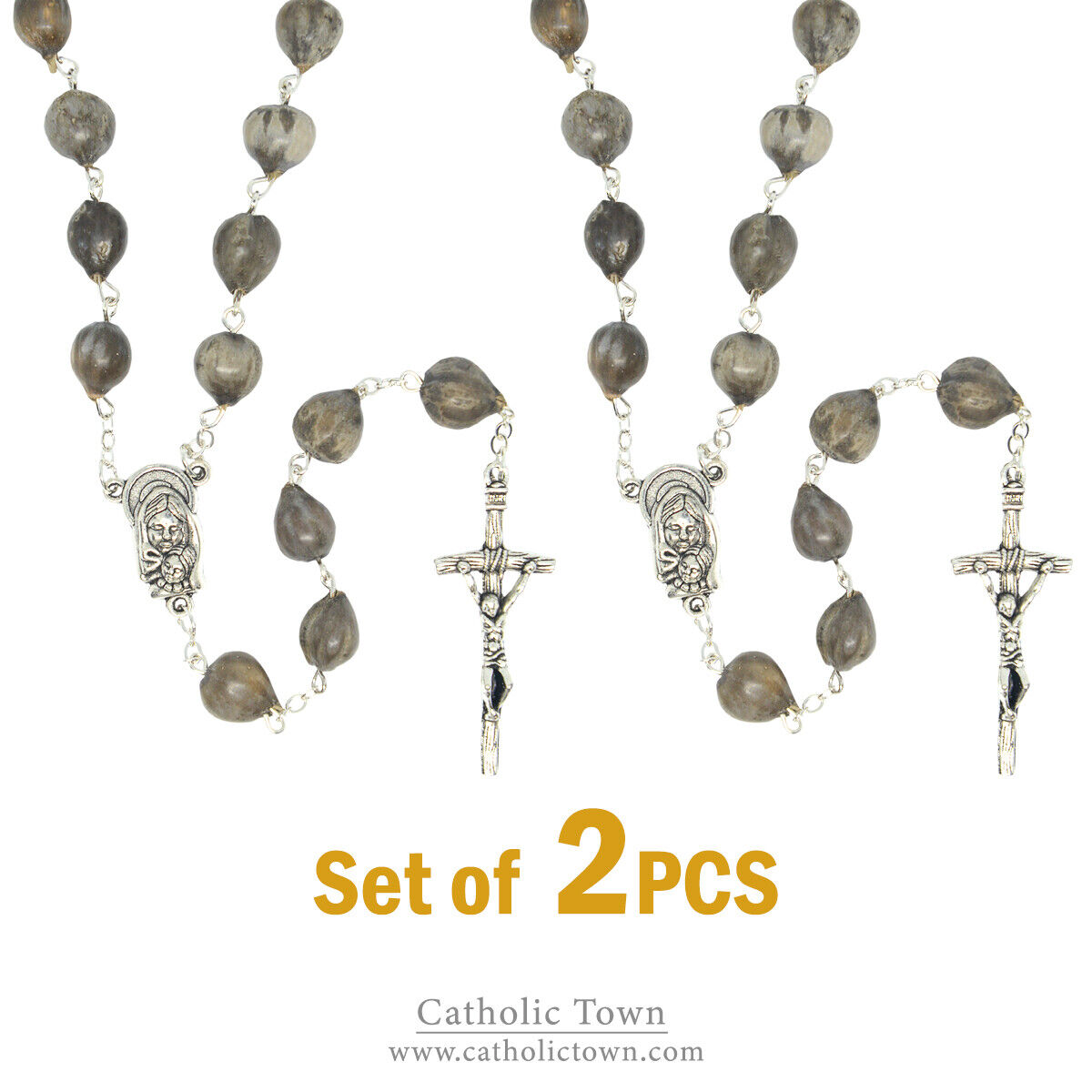2-Catholic JOB\'S TEARS Seed Bead Rosary w/ Madonna and Child medal and Crucifix 