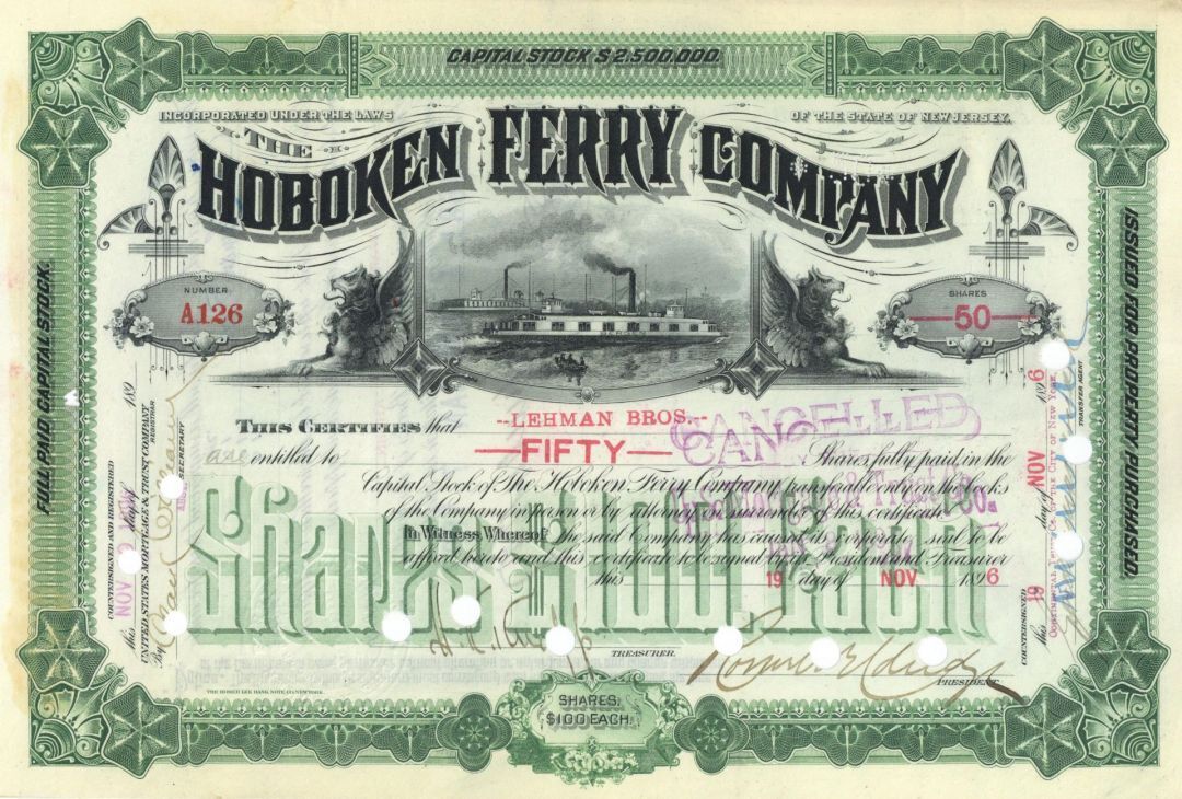 Hoboken Ferry Co. - Green Issued to Lehman Brothers - 1896 dated Shipping Stock 