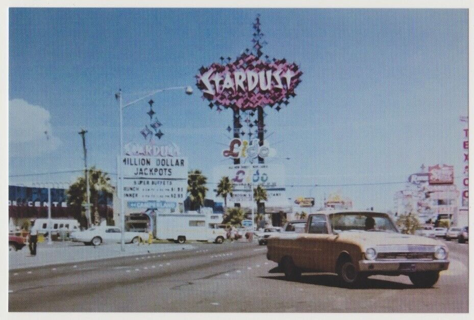 Postcard Old Las Vegas Strip Stardust Hotel Casino Classic Car Scene 1984 NEVADA
