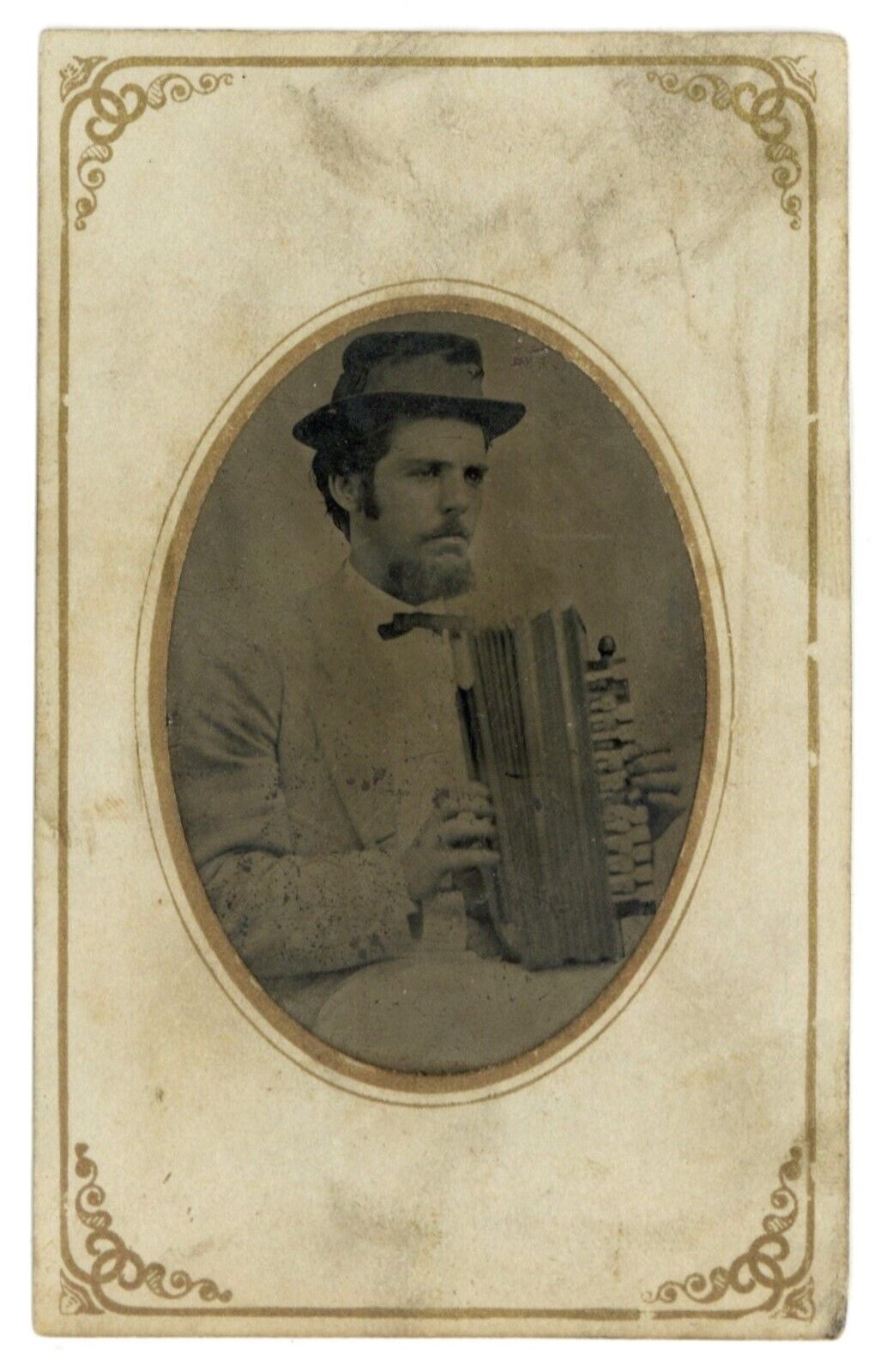 Accordion Flutina Musician 1870 Tintype Antique Music Instrument Hat Bowtie 
