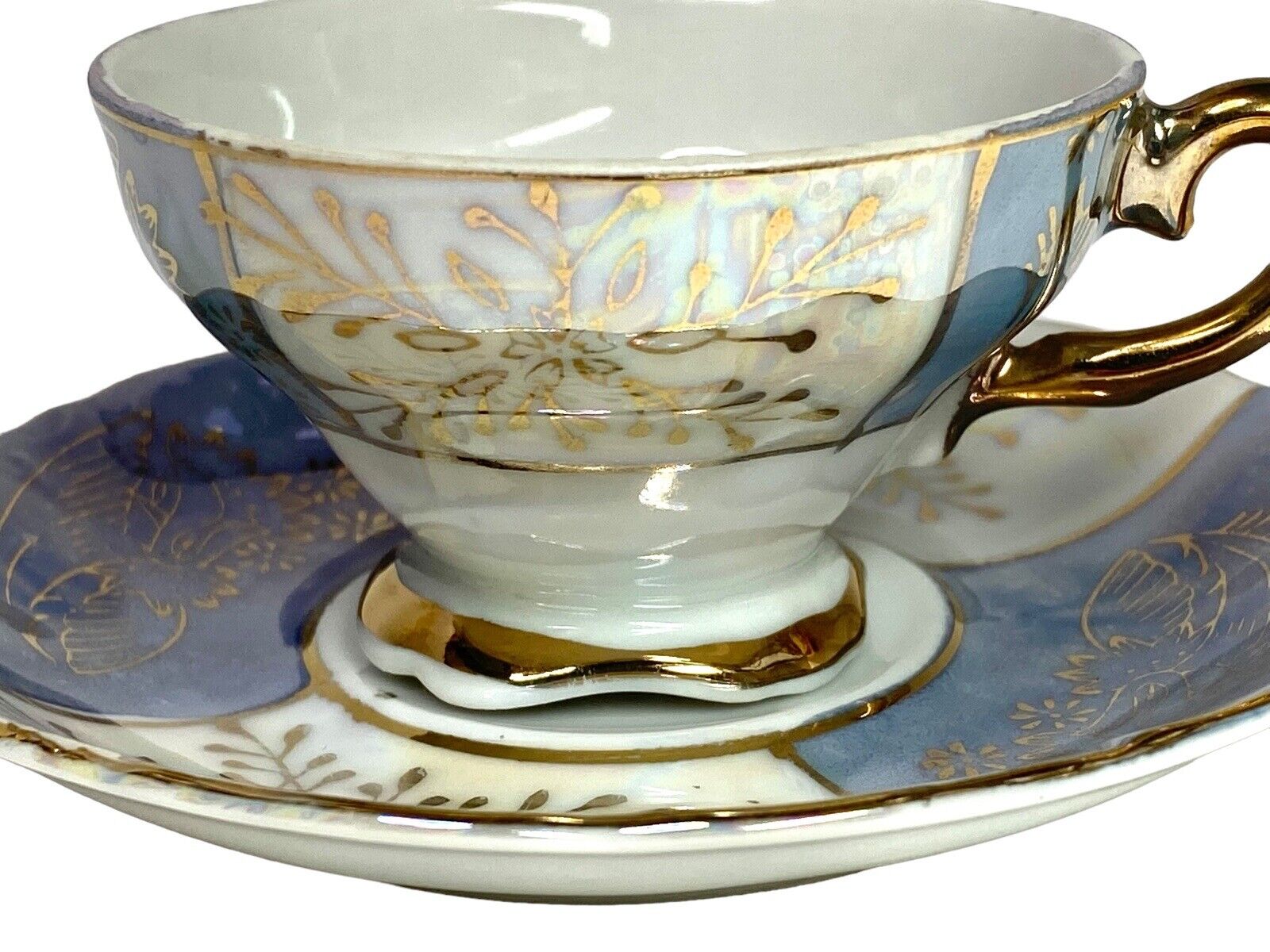 Vintage Pearlescent Demitasse Espresso Cup And Saucer Blue White Gold Foliage