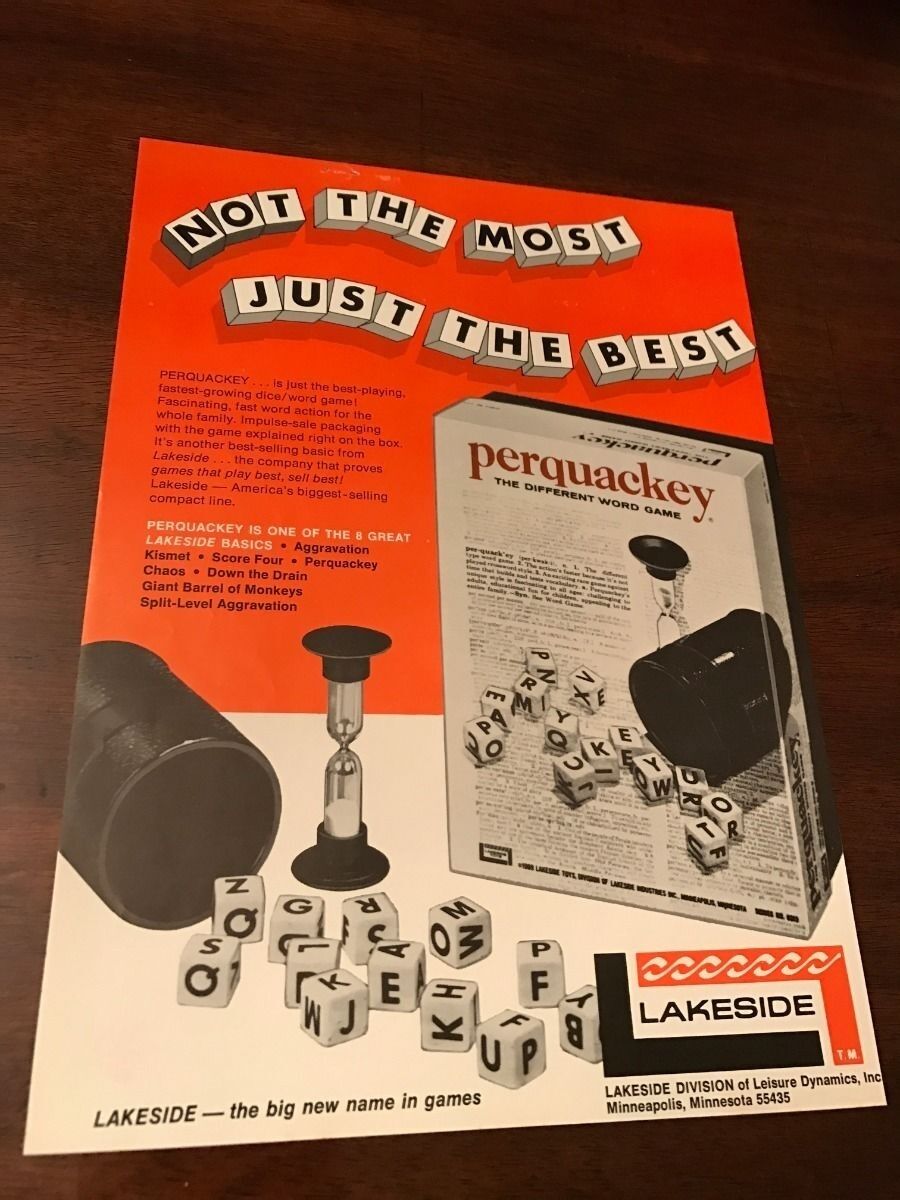 1972 VINTAGE 8X11 TOY PRINT Ad FOR LAKESIDE GAMES PERQUACKEY WORD GAME 