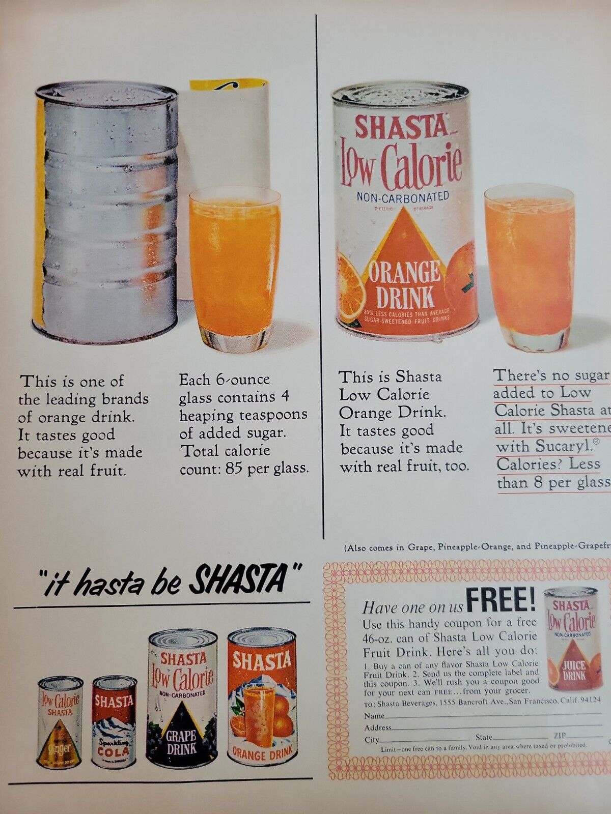 1964 Shasta cola grape orange drink vintage original ad