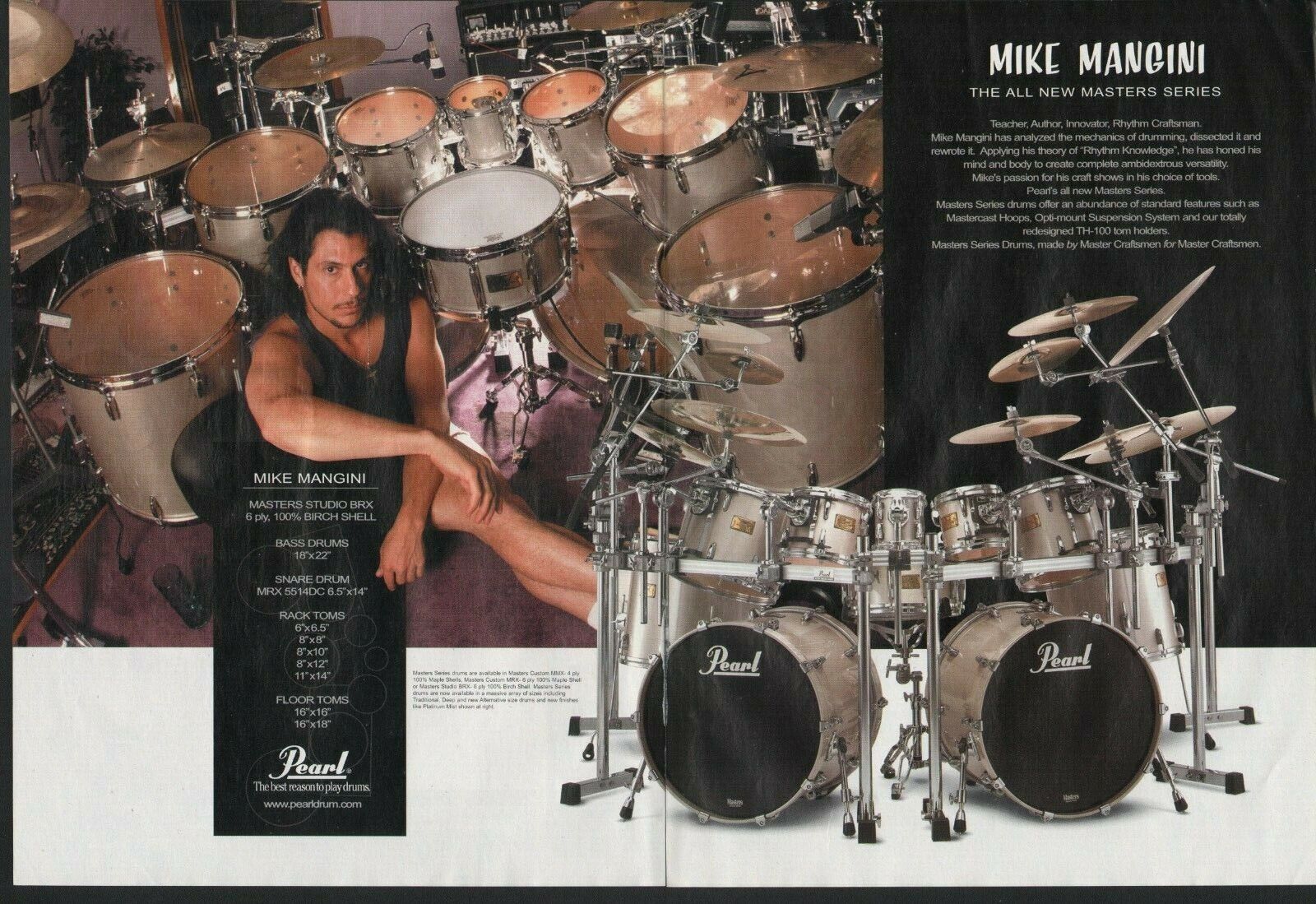 2000 2pg Print Ad of Pearl Masters Studio BRX Drum Kit Mike Mangini Setup