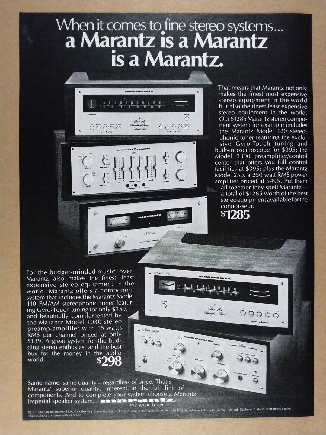 1972 Marantz 250 1030 Amplifiers 120 110 Tuners 3300 Preamp vintage print Ad