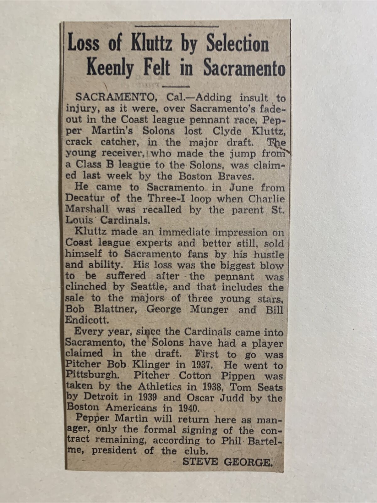 Clyde Kluttz Sacramento Solons Drafted 1941 Sporting News Baseball 2X4 Panel